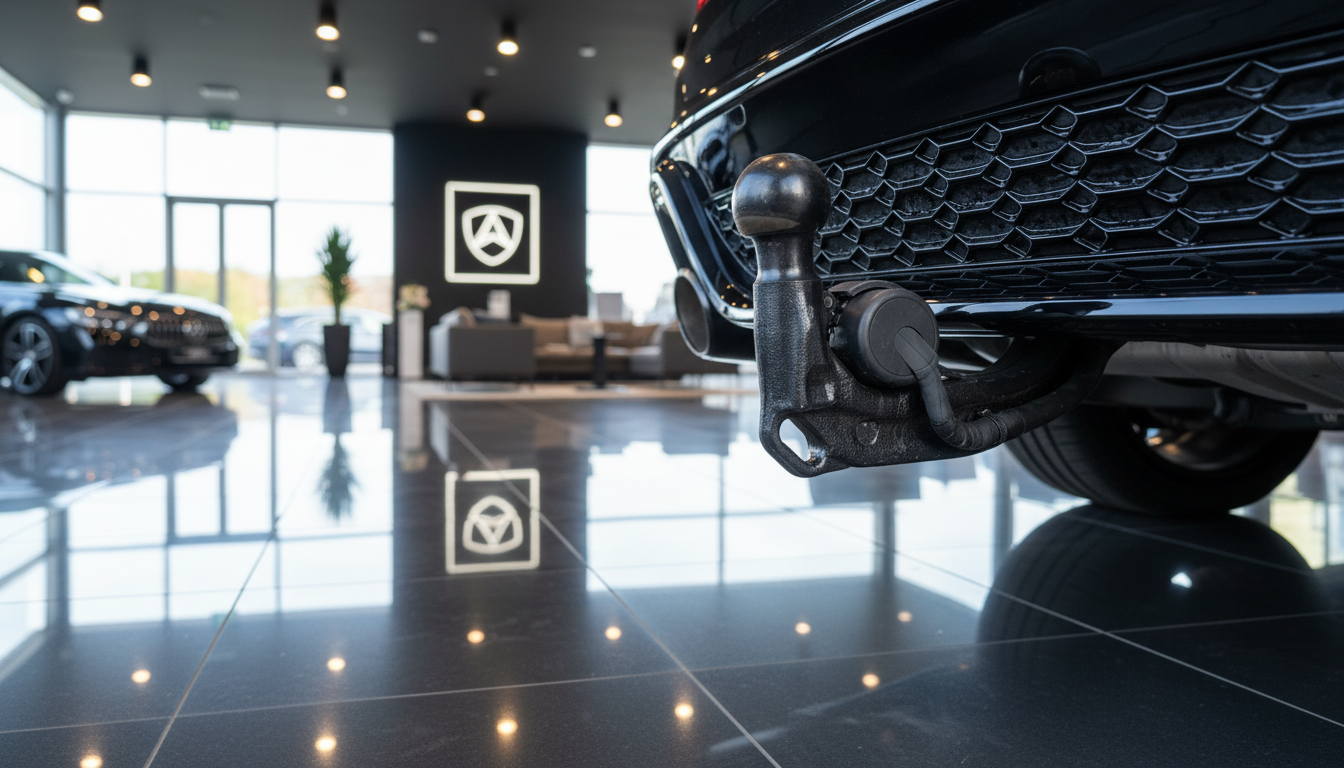Schwarzer SUV mit Anhängerkupplung im modernen Autohaus-Showroom mit glänzendem Fliesenboden und großen Fenstern