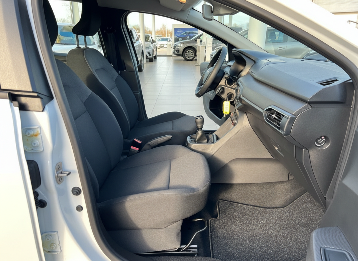 Innenraum eines weißen Fahrzeugs mit schwarzen Stoffsitzen, Schaltgetriebe und Armaturenbrett im Autohaus