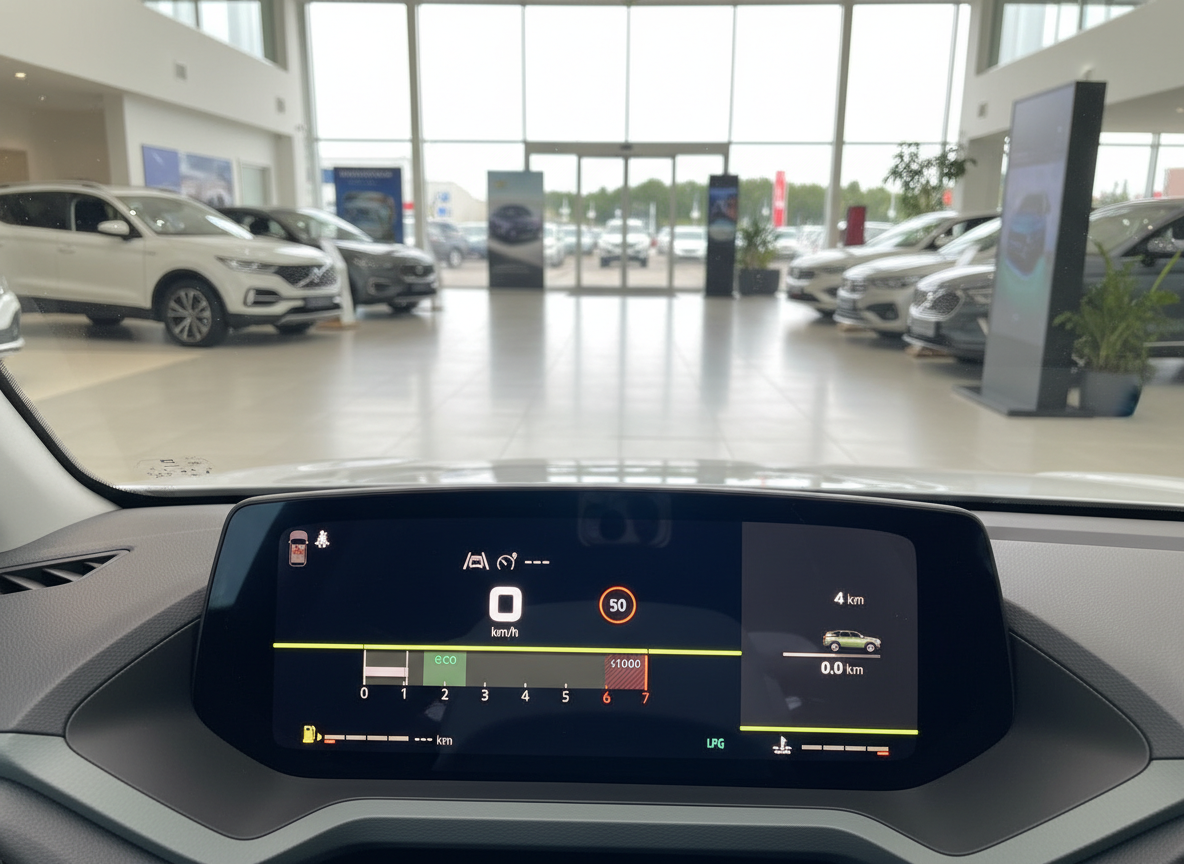 Volkswagen Innenraum mit digitalem Cockpit-Display im Autohaus, LPG-Fahrzeug