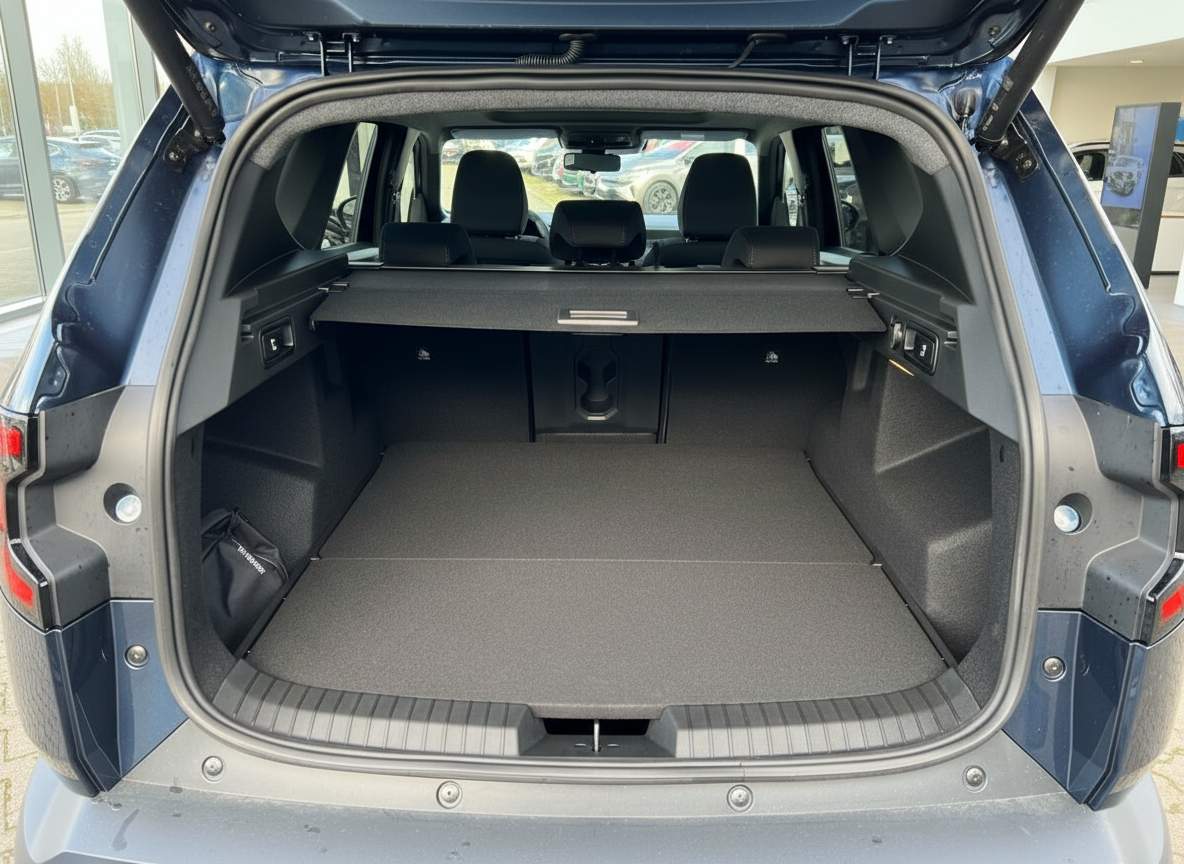 Kofferraum eines dunkelblauen SUV mit geöffneter Heckklappe und viel Laderaum