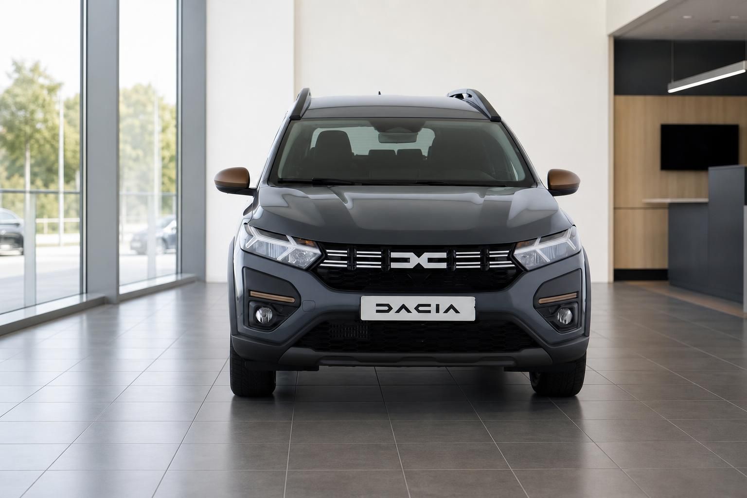 Dacia Jogger in Grau, Frontansicht im Autohaus