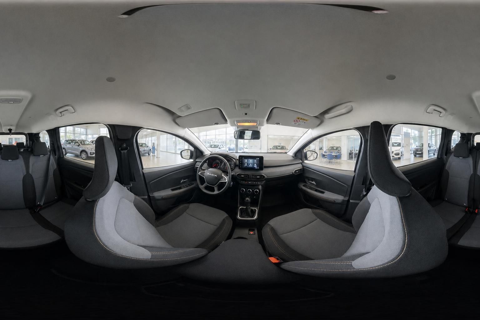 360-Grad-Innenraumansicht des Dacia mit Cockpit und Sitzen