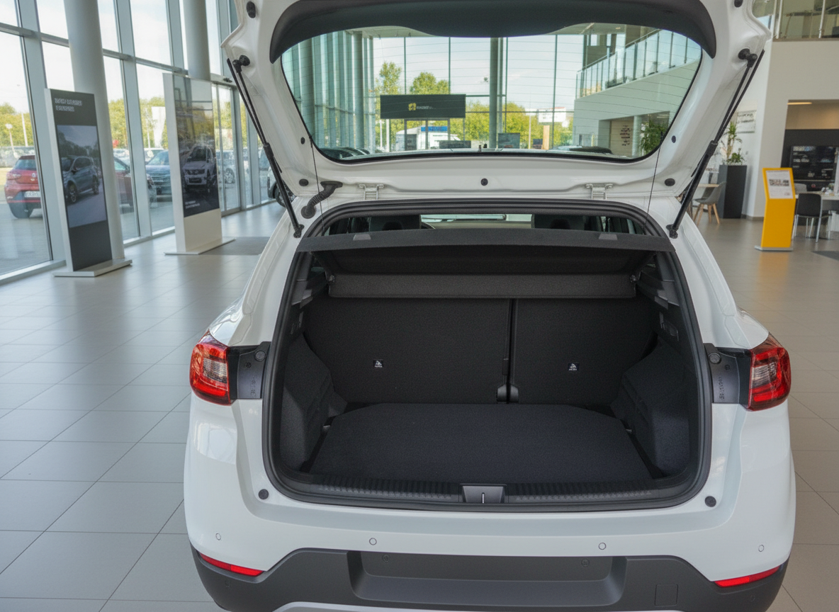 Weißer SUV Kofferraum geöffnet im Autohaus – geräumiger Laderaum mit geteilter Rücksitzlehne