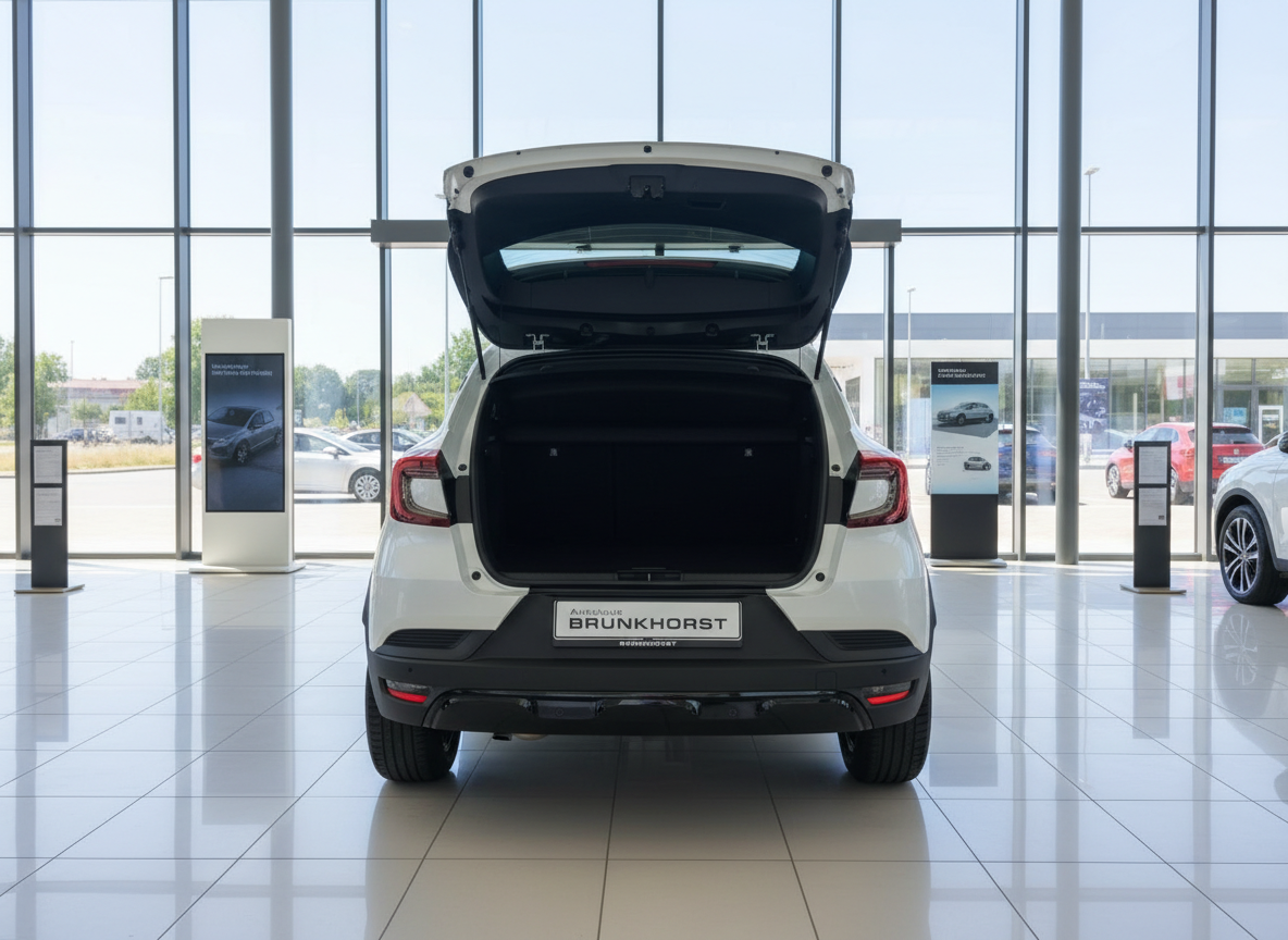 Weißes SUV mit geöffneter Heckklappe im Autohaus Brunkhorst Showroom