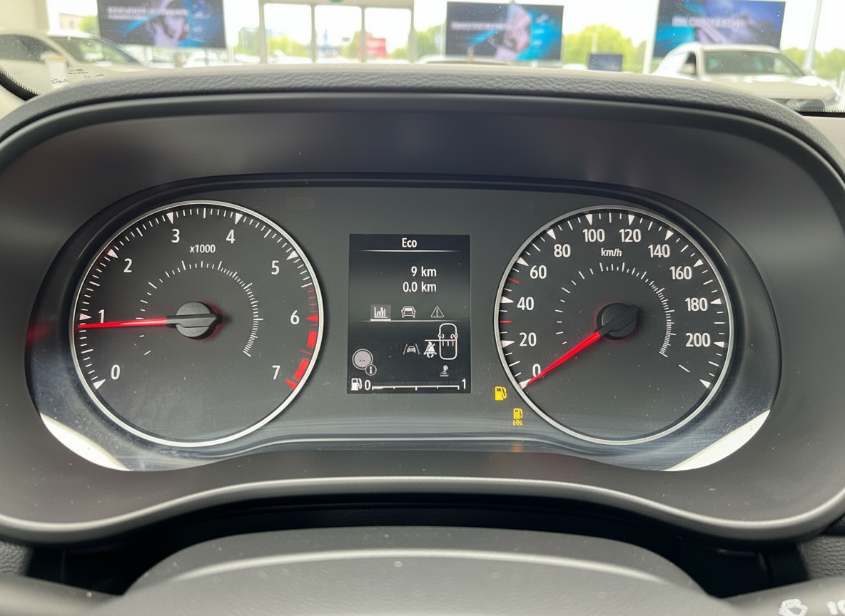 Tacho und Armaturenbrett mit Eco-Modus Anzeige 9 km Kilometerstand Fahrzeug Innenraum