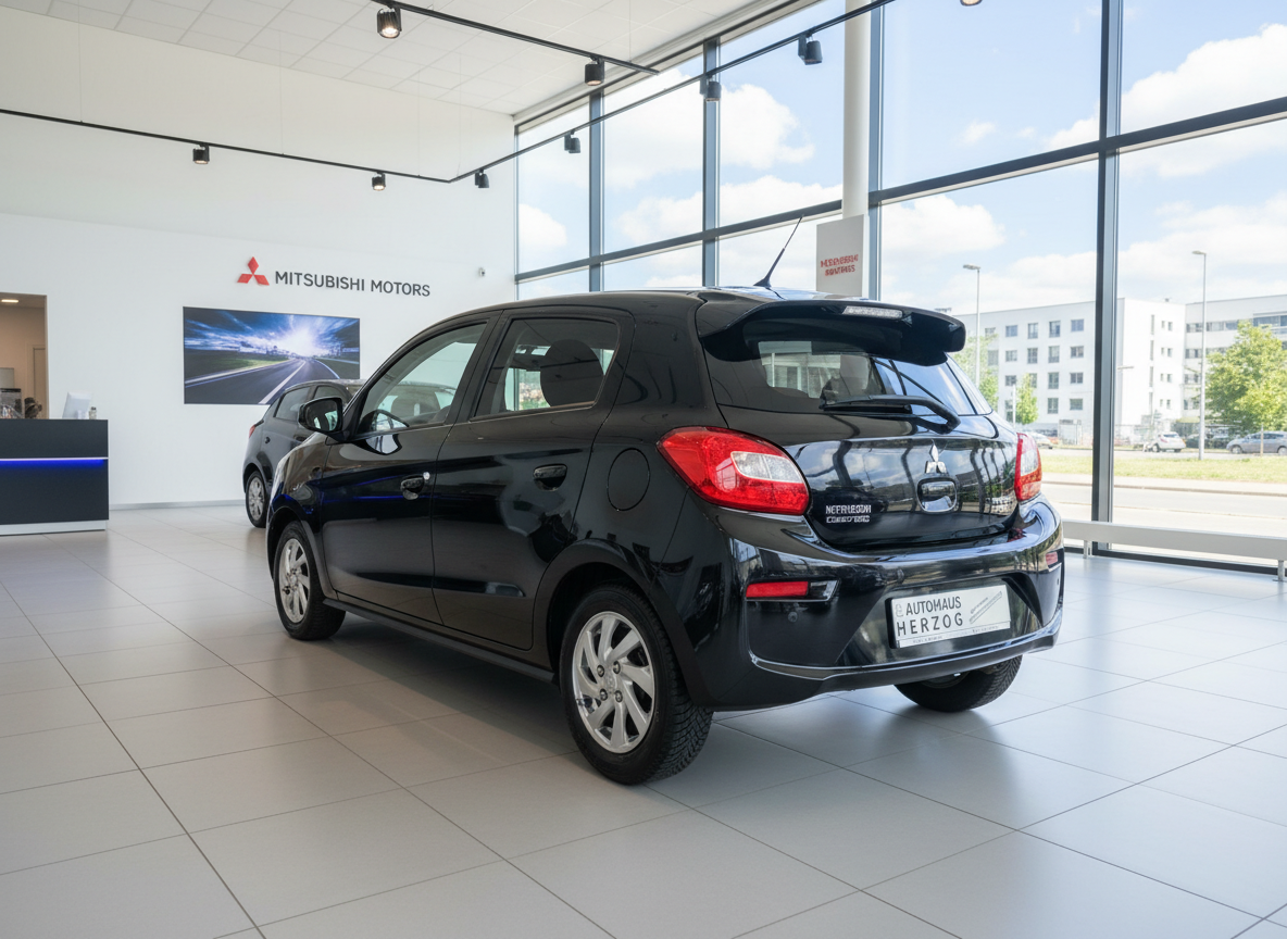 Mitsubishi Space Star schwarz Heckansicht im Autohaus Herzog Showroom
