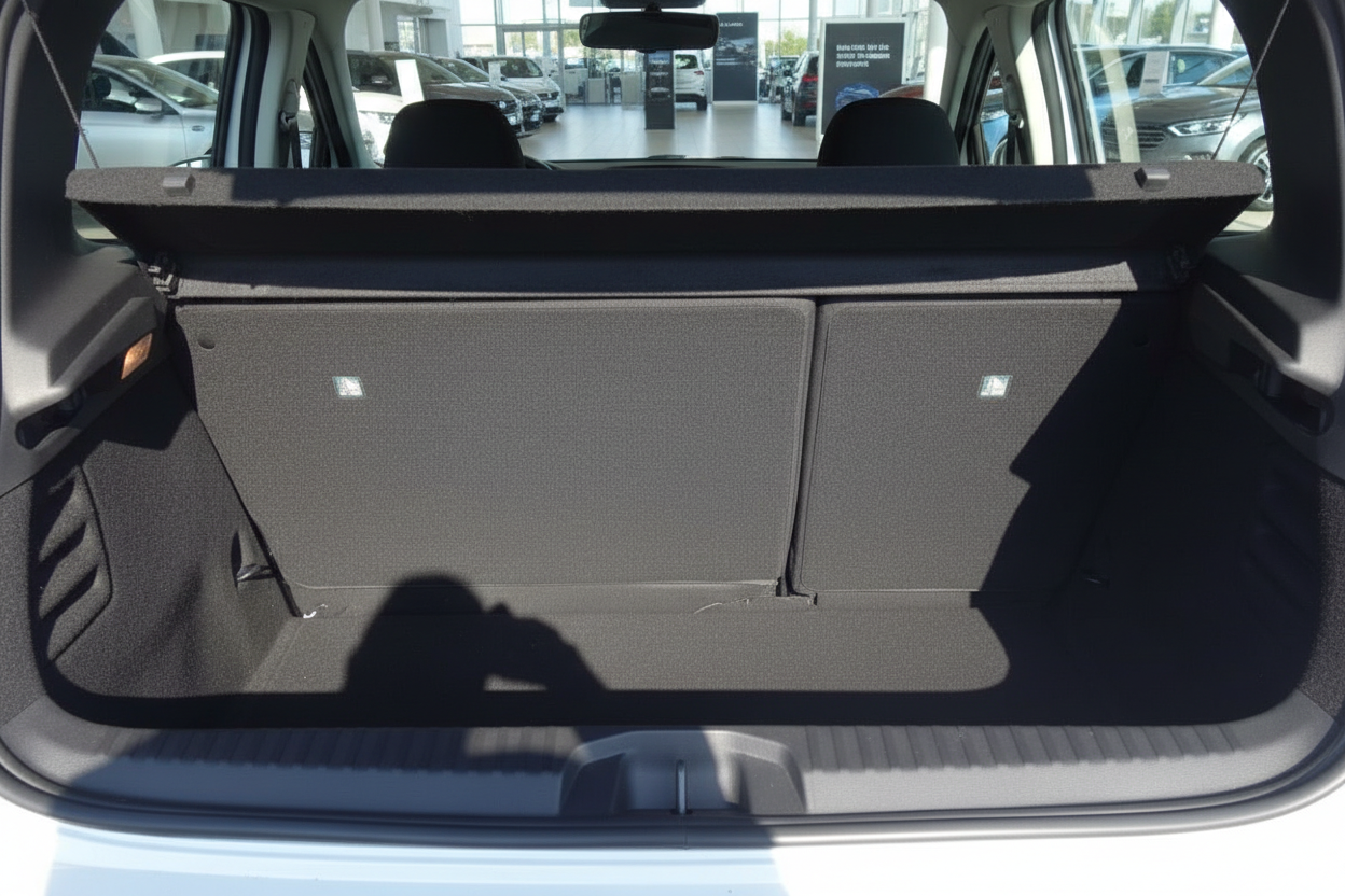 Kofferraum eines Volkswagen mit umgeklappter Rücksitzbank in einem Autohaus
