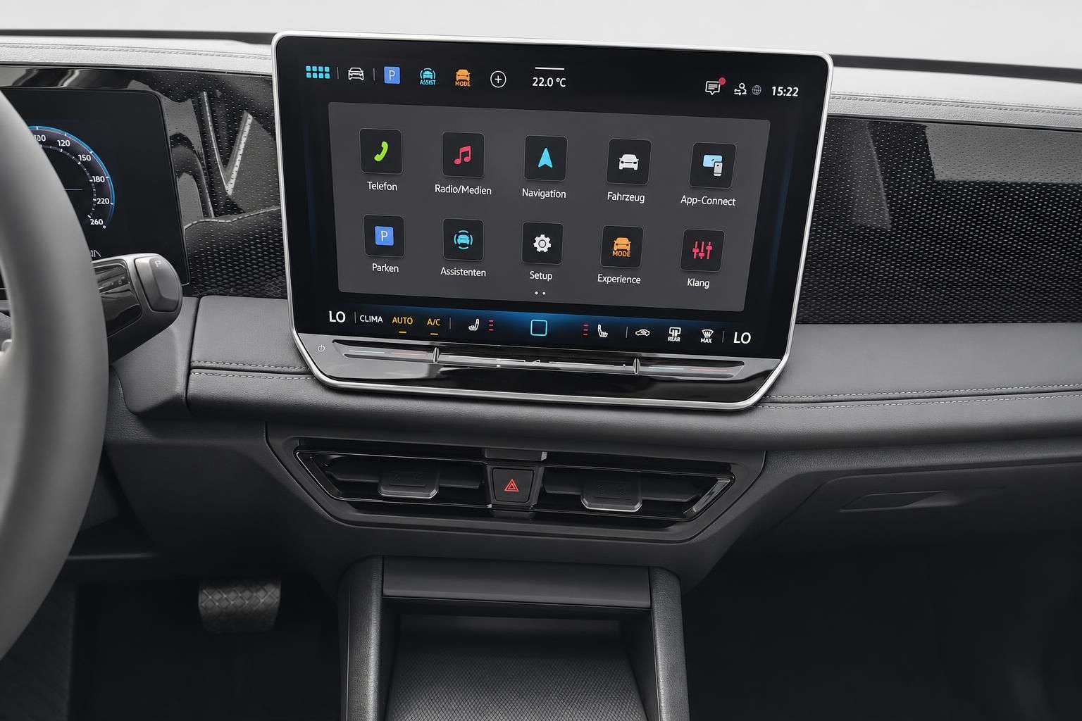VW Infotainment Touchscreen mit Navigation und Menü Icons