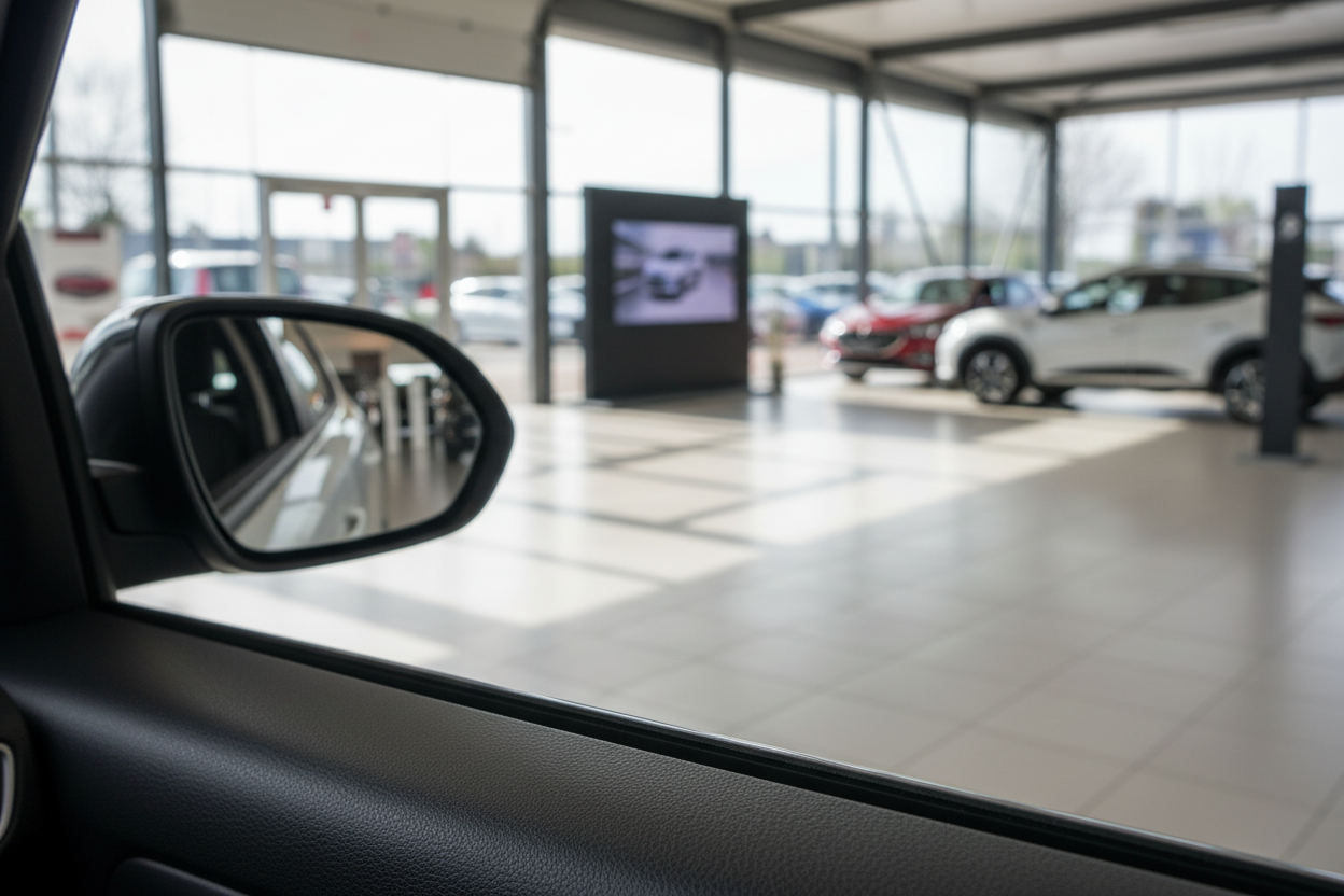 Blick aus dem Innenraum eines Fahrzeugs im Autohaus mit Außenspiegel und weiteren Ausstellungsfahrzeugen
