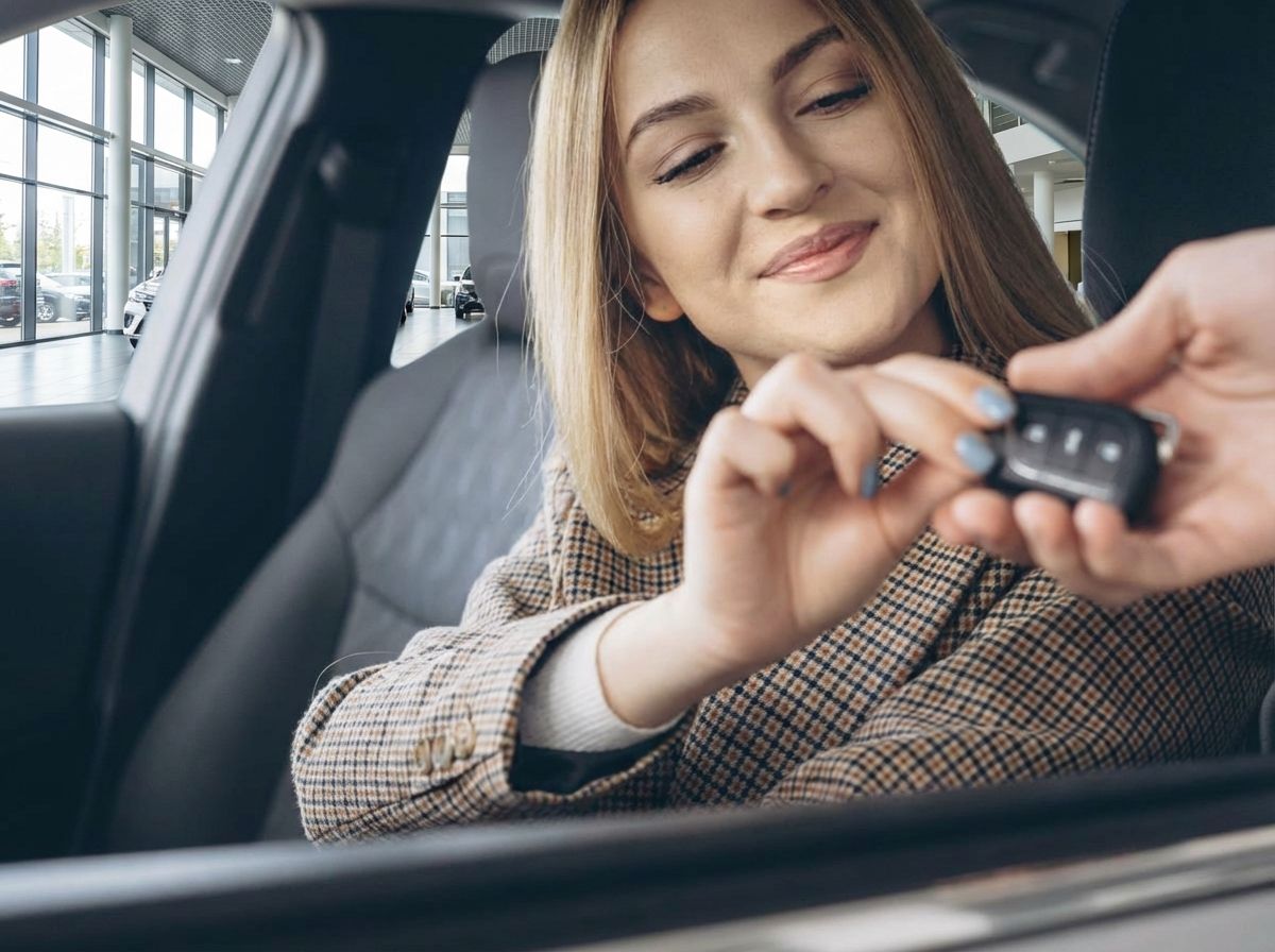 Frau erhält Fahrzeugschlüssel im Autohaus – Neuwagenkauf im Innenraum