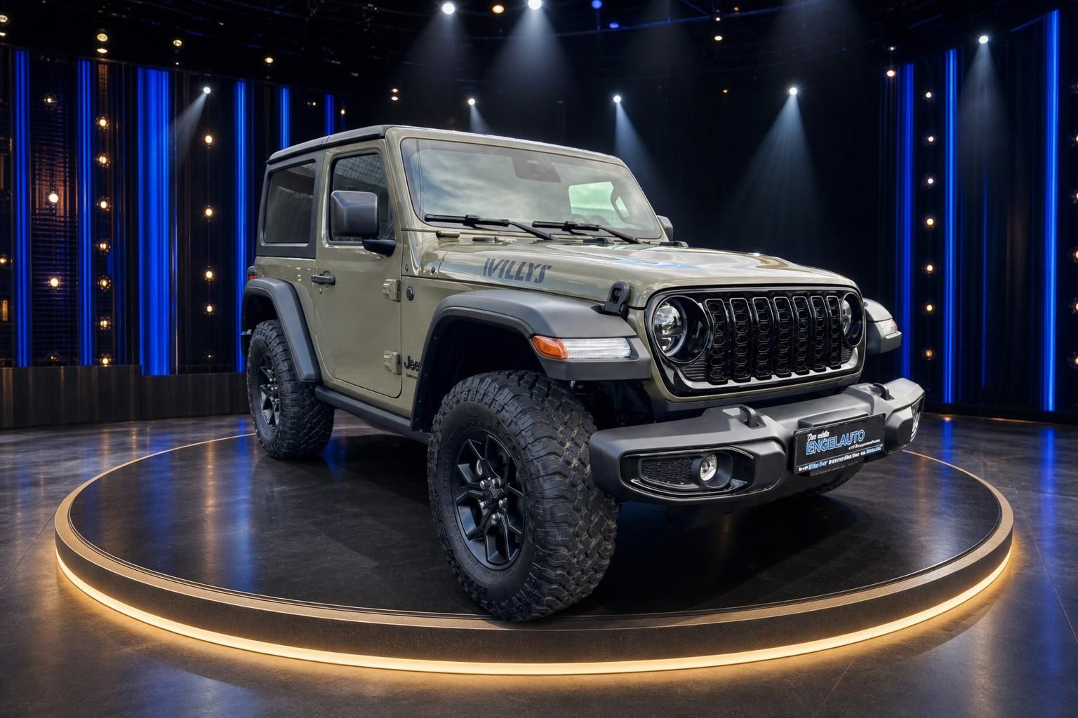 Jeep Wrangler Willys beige, Frontansicht mit charakteristischem Kühlergrill und LED-Scheinwerfern