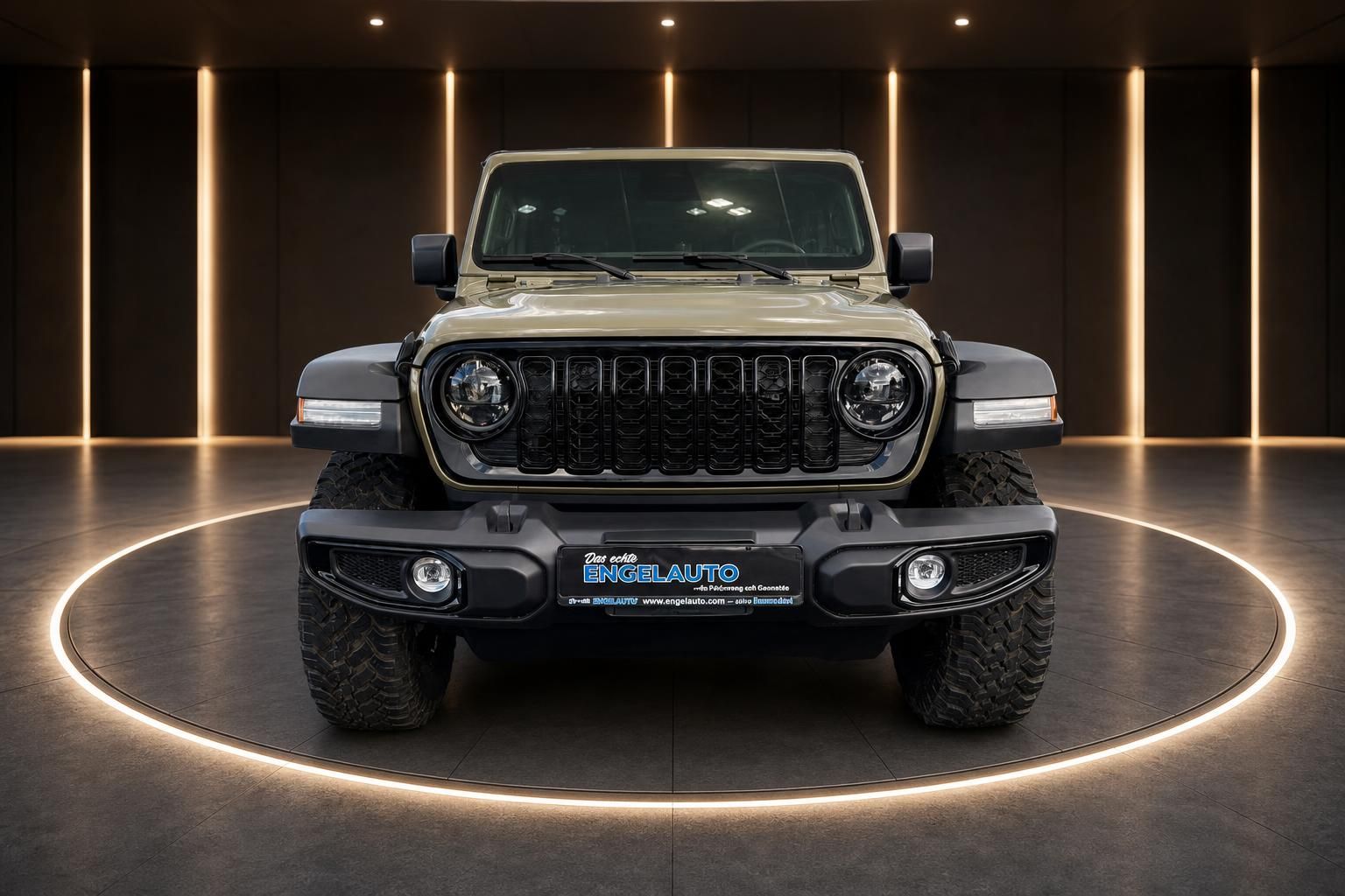 Jeep Wrangler Willys Frontansicht mit Kennzeichenhalter, LED-Scheinwerfer und typischem Kühlergrill