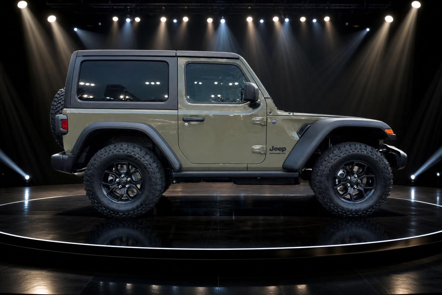 Jeep Wrangler Willys Seitenansicht in beige mit schwarzen Felgen und Geländereifen