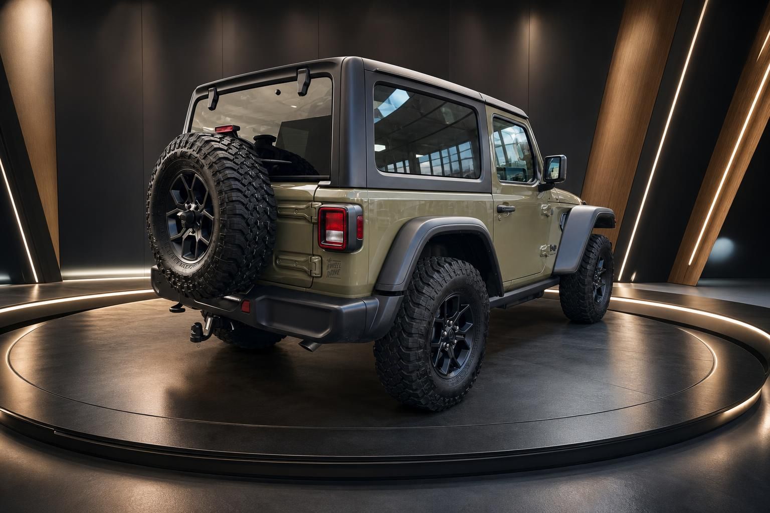 Jeep Wrangler Willys Heckansicht in beige mit Reserverad und schwarzen Stoßstangen