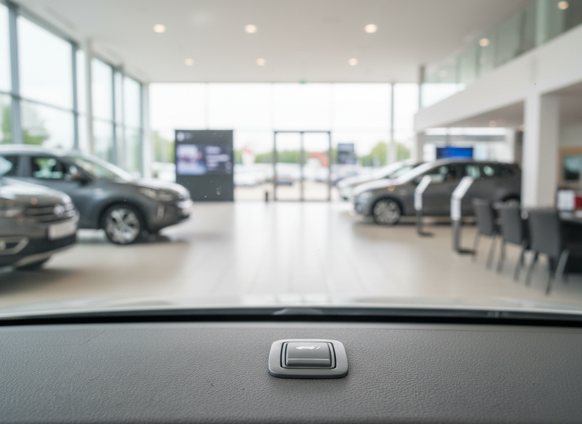 Fahrzeug-Innenraum Armaturenbrett mit Blick in modernen Autohaus-Showroom mit mehreren Fahrzeugen