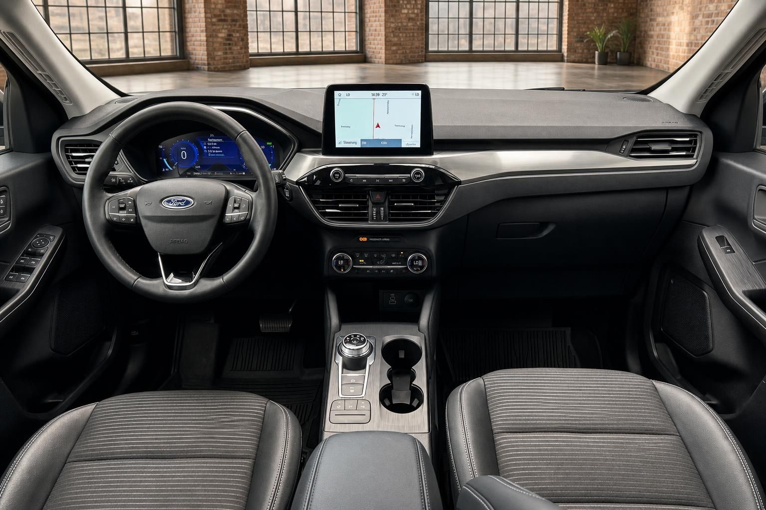 Ford Innenraum Frontansicht mit Lenkrad und Infotainment Display