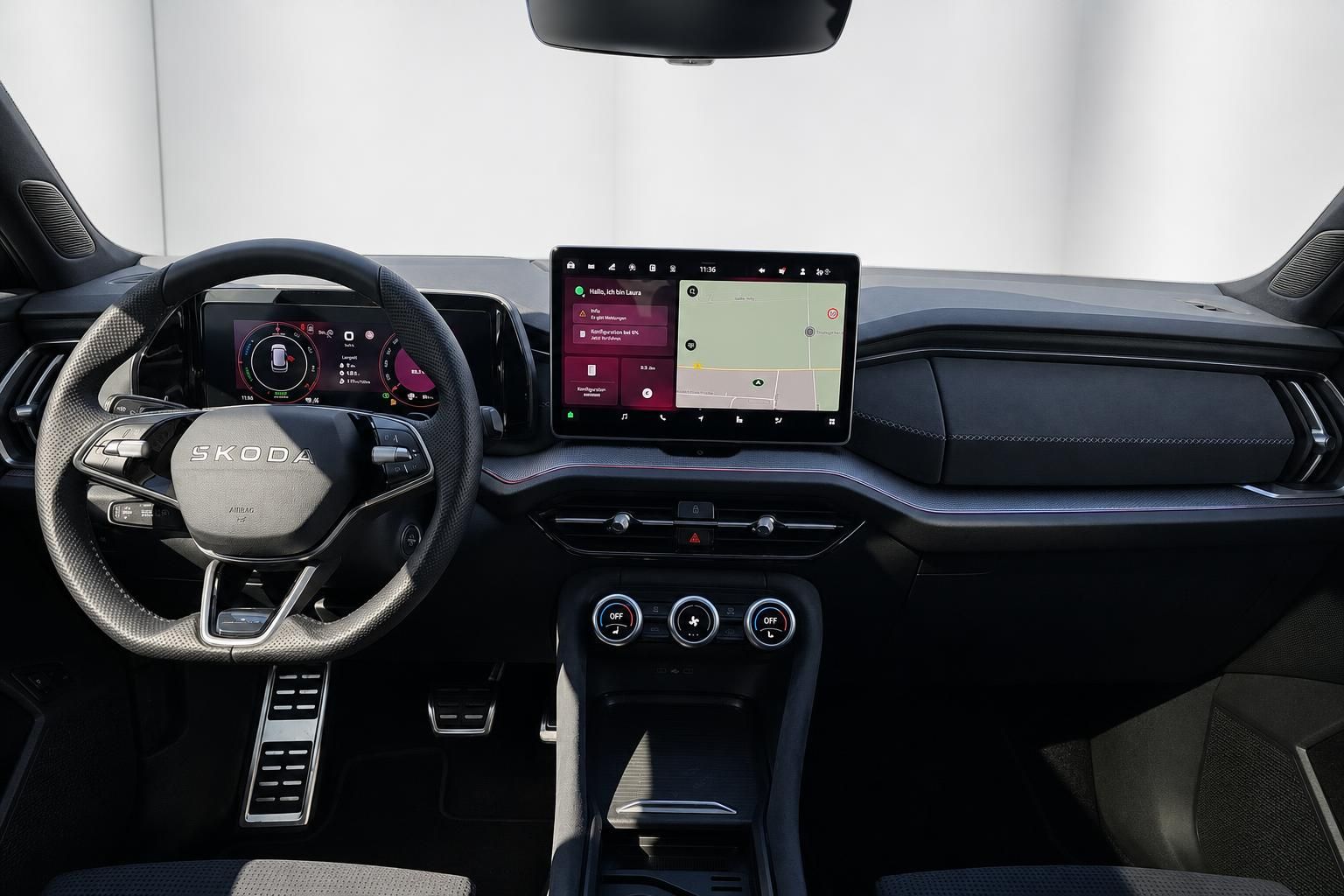 Skoda Cockpit mit Lenkrad, Digitaltacho und Touchscreen Navigation