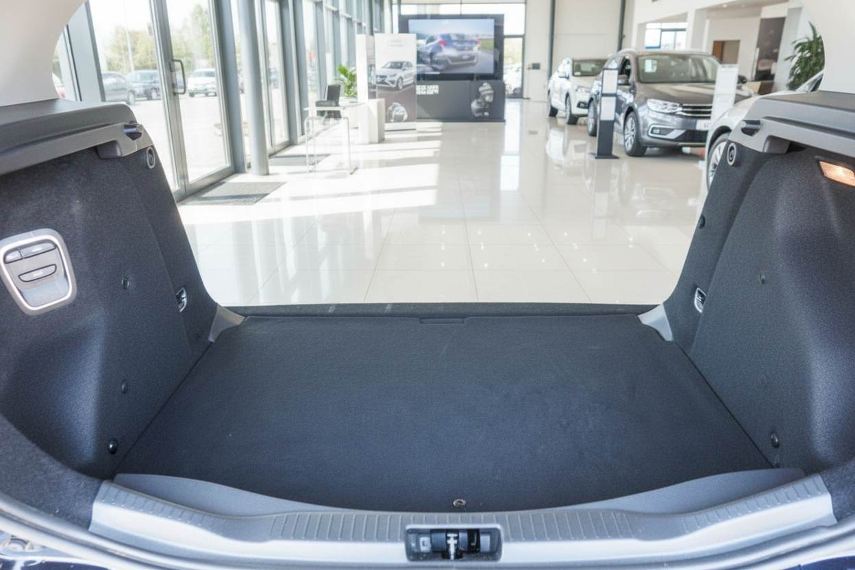 Geöffneter Kofferraum eines Fahrzeugs im Autohaus-Showroom