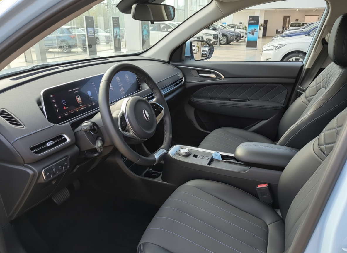 Modernes Fahrzeug Innenraum mit schwarzem Leder, Digitaldisplay und Sportlenkrad im Autohaus