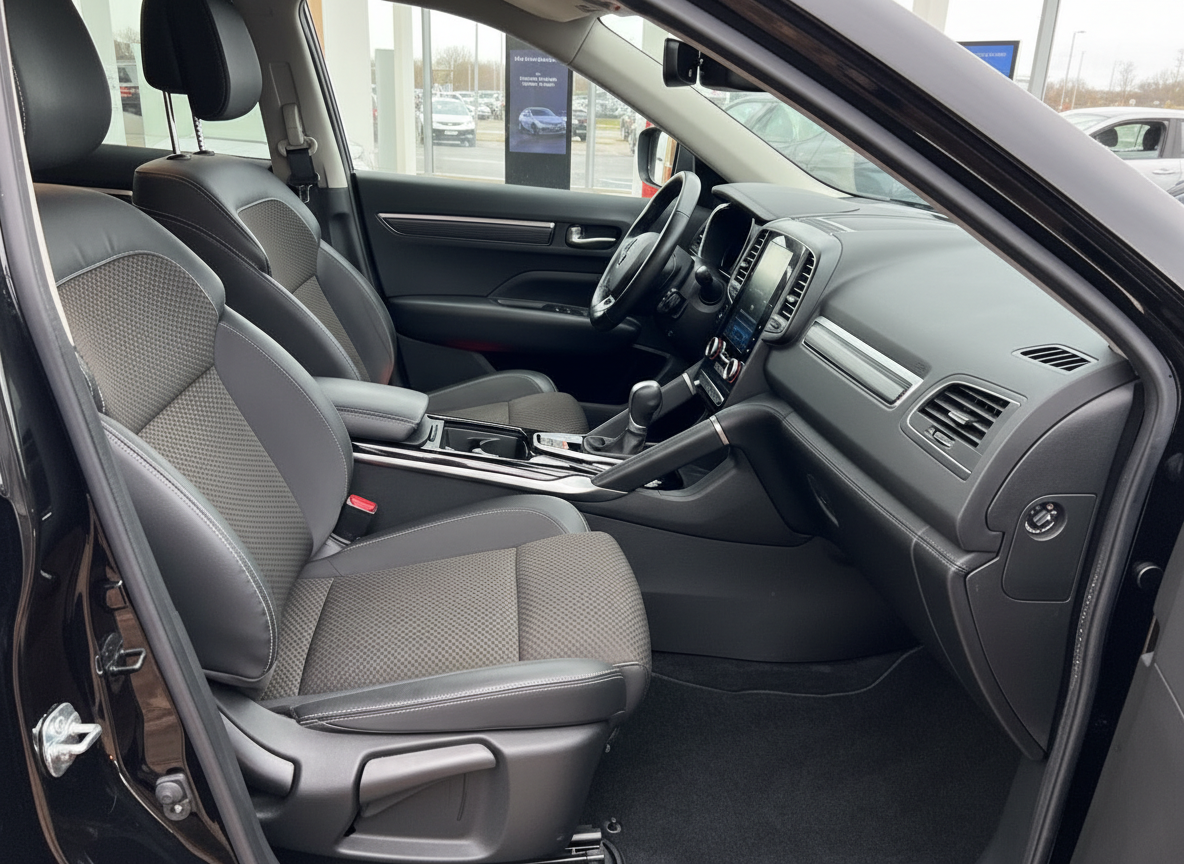 Renault Koleos Innenraum mit schwarzen Ledersitzen und modernem Infotainmentsystem