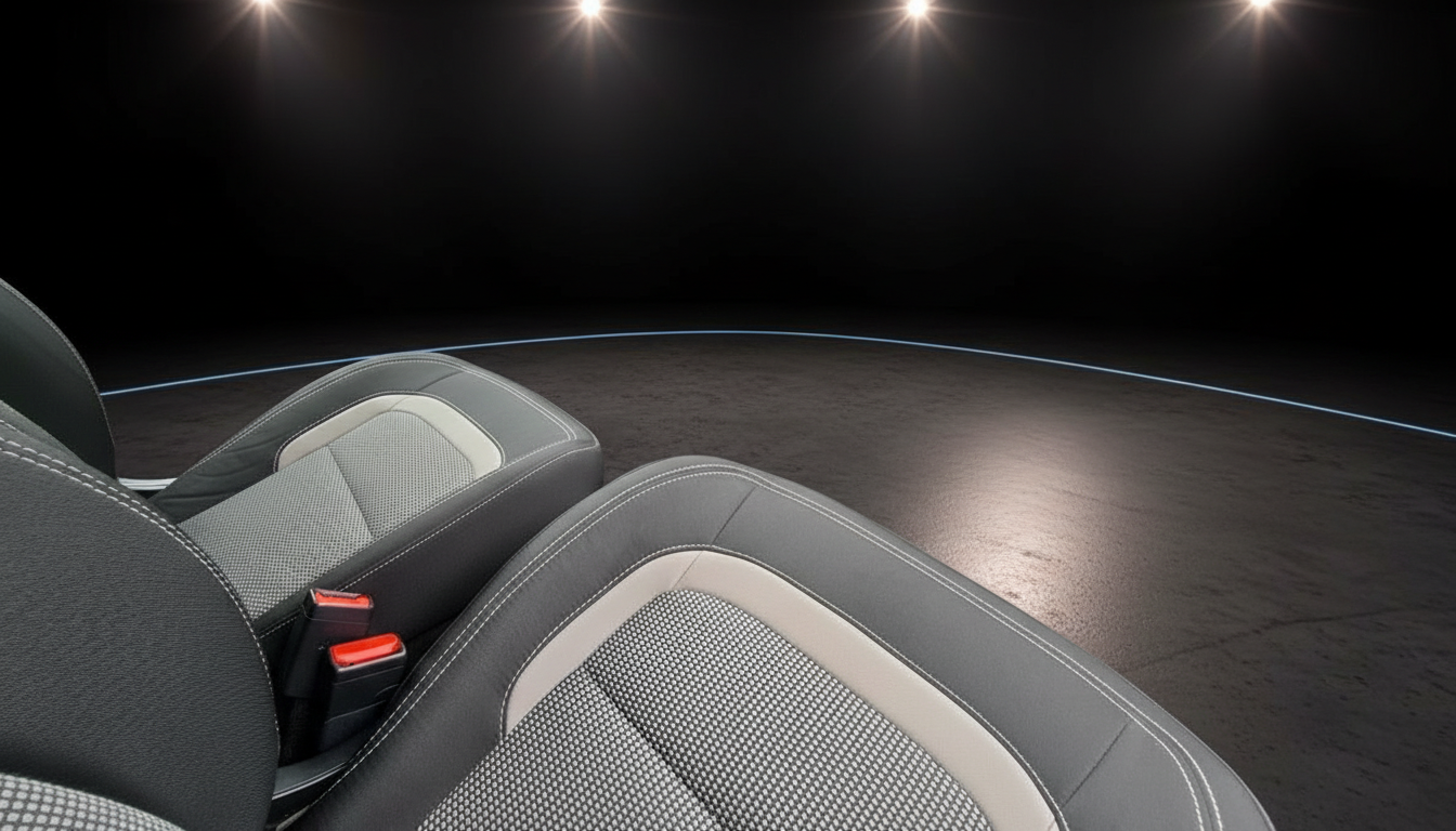 Fahrzeuginnenraum mit hochwertigen Ledersitzen in Grau und Weiß mit Kontrastnähten