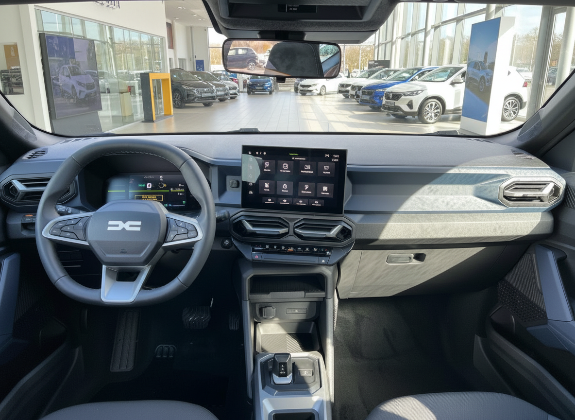 Dacia Innenraum mit digitalem Cockpit, Touchscreen-Infotainment und modernem Lenkrad im Autohaus