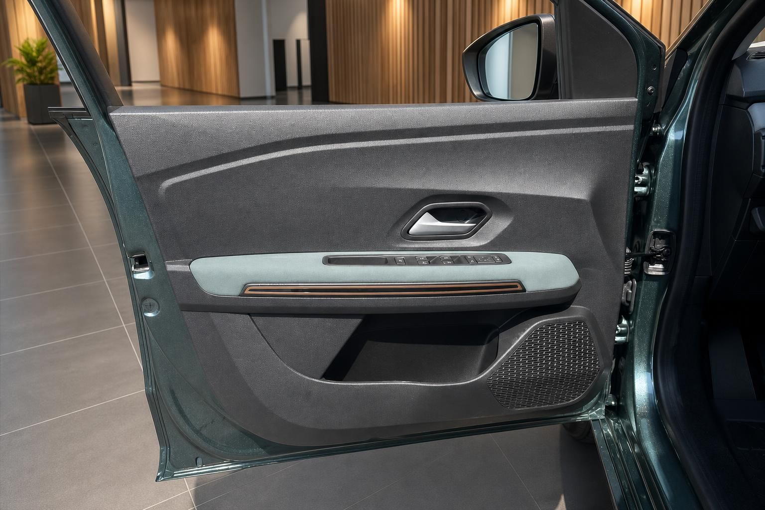 Fahrzeug Innenraum Türverkleidung mit Fensterheberschaltern und elegantem grauem Design