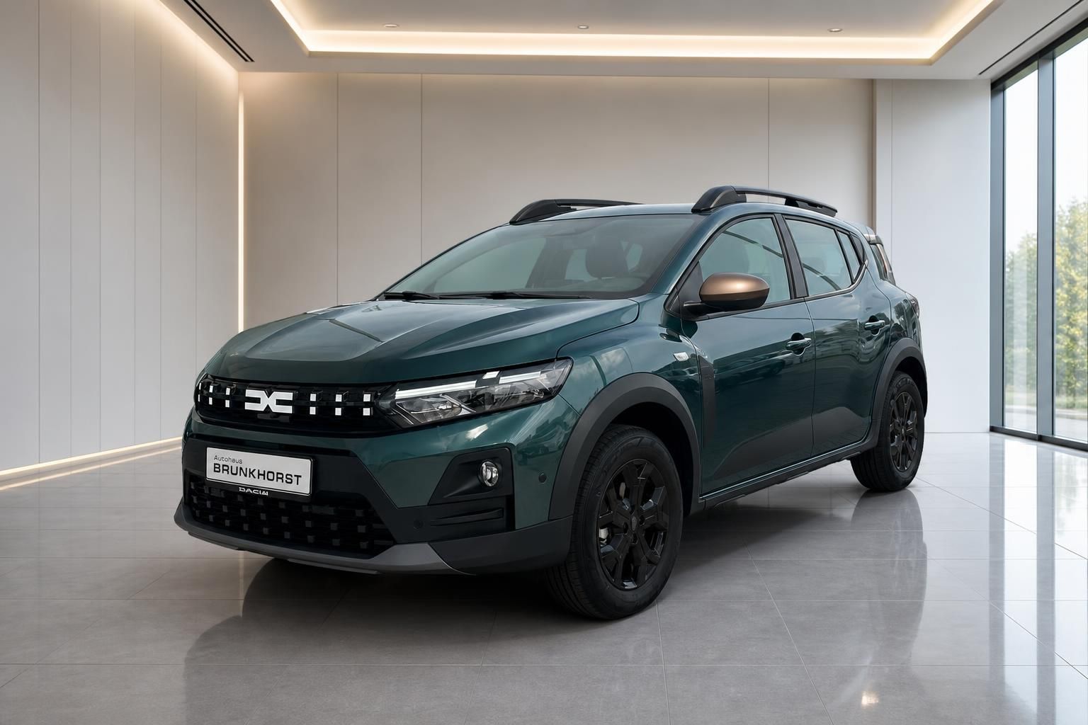 Dacia Sandero Seitenansicht grün-metallic mit schwarzen Felgen und Dachträger im Autohaus