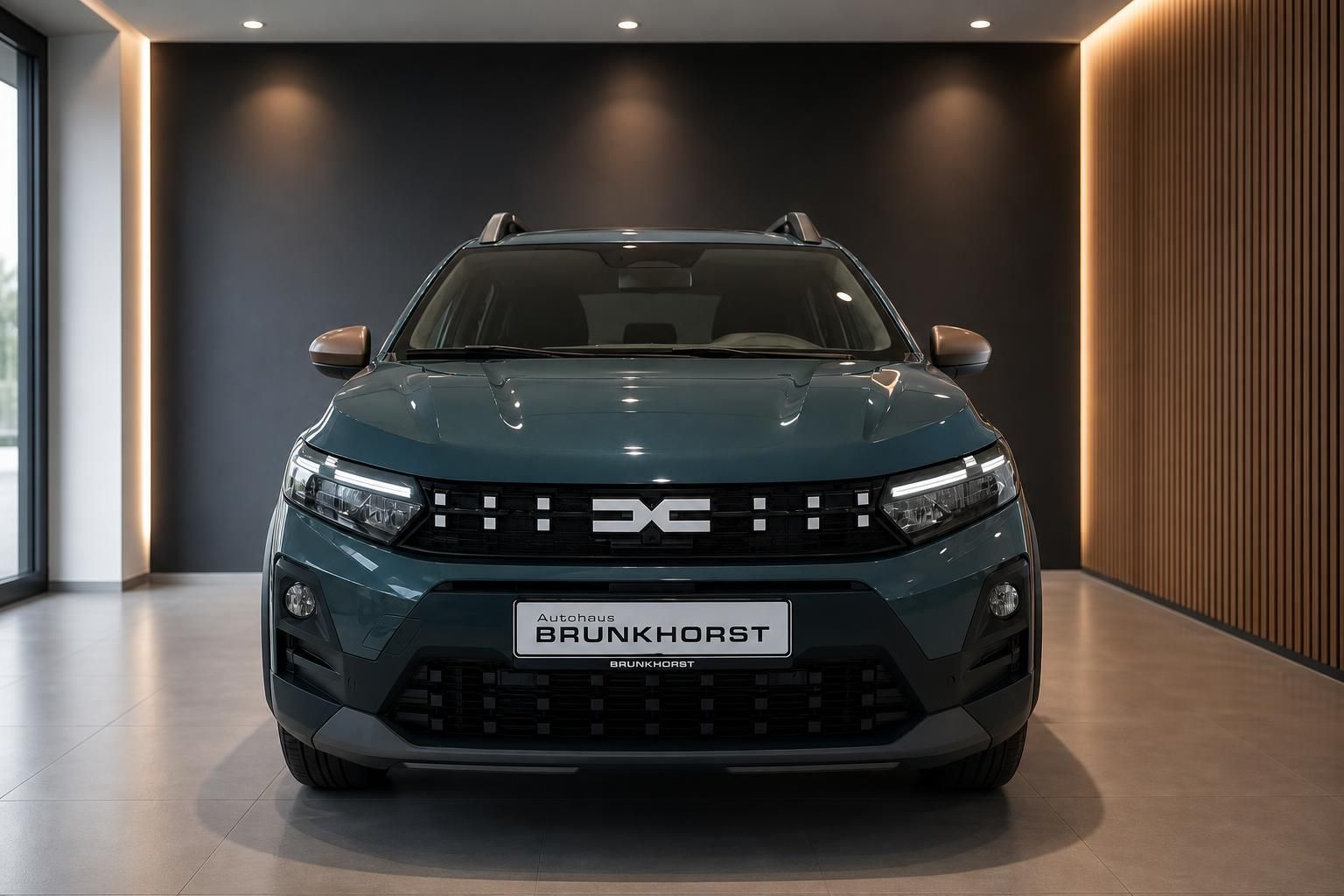 Dacia Sandero Front Ansicht mit DXE Logo im Autohaus-Showroom - grauer Kompaktwagen