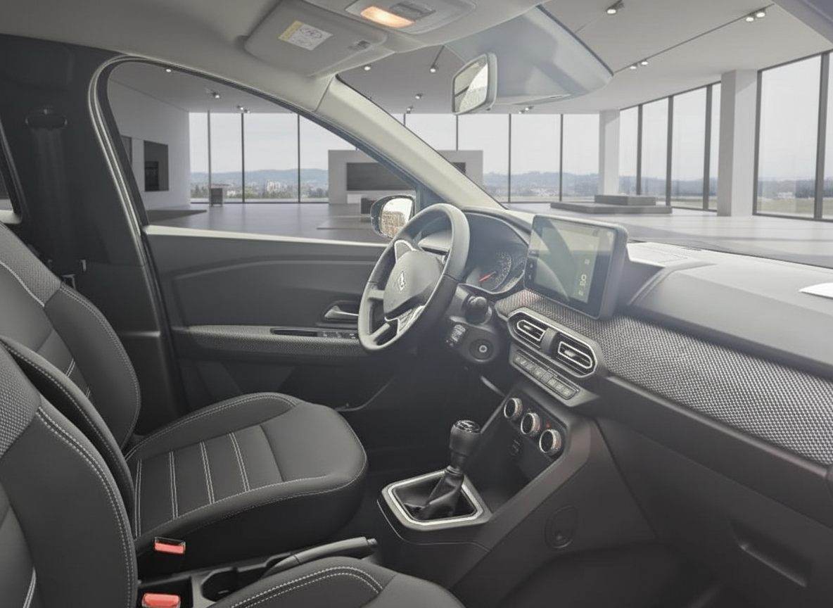 Dacia Sandero Innenraum mit schwarzem Ledersitze, Touchscreen und Schaltgetriebe