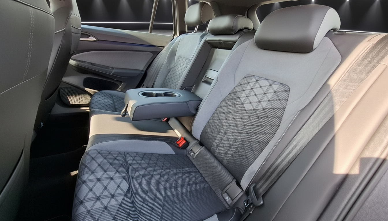 Modernes Fahrzeug Innenraum Rücksitzbank mit Mittelarmlehne und Getränkehalter in Grau