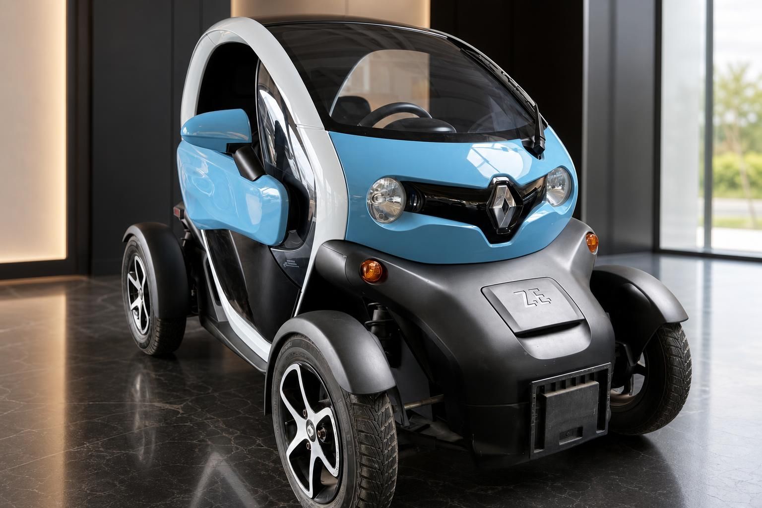 Renault Twizy Elektroauto mit offener Tür, Front-Seitenansicht