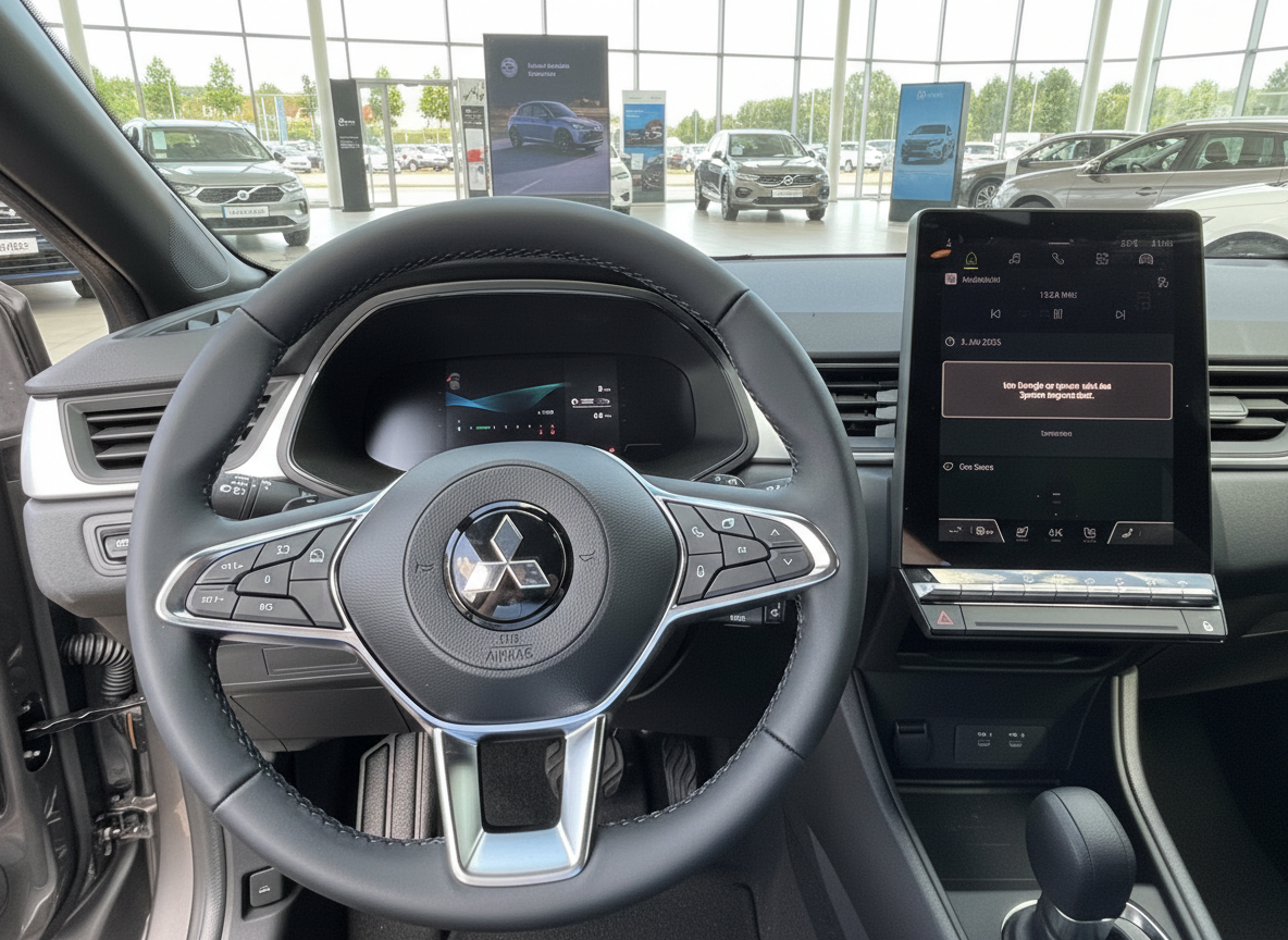 Mitsubishi Innenraum mit Lenkrad und großem Touchscreen-Display im Autohaus