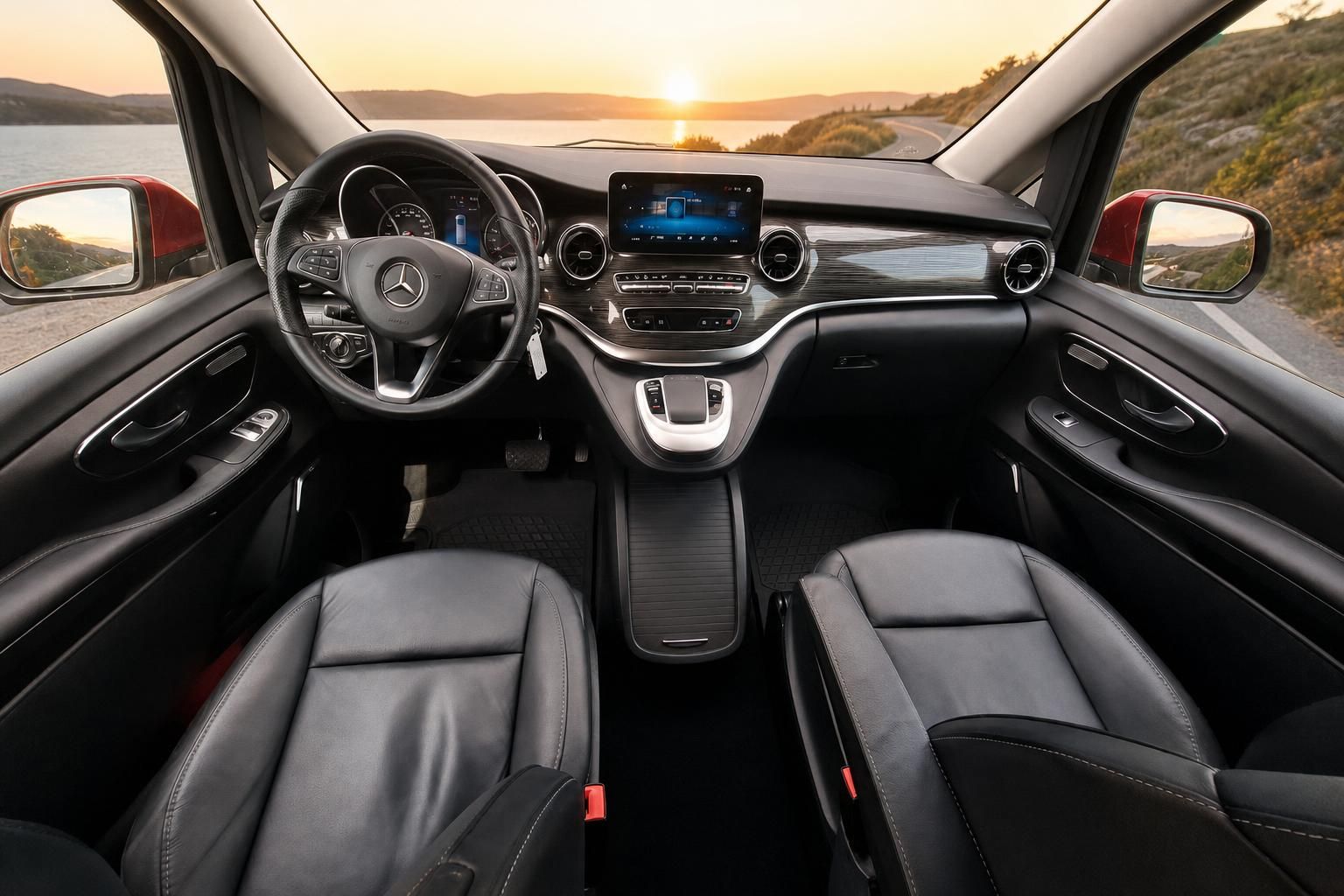 Mercedes V-Klasse Cockpit mit Sonnenuntergang und Lederausstattung