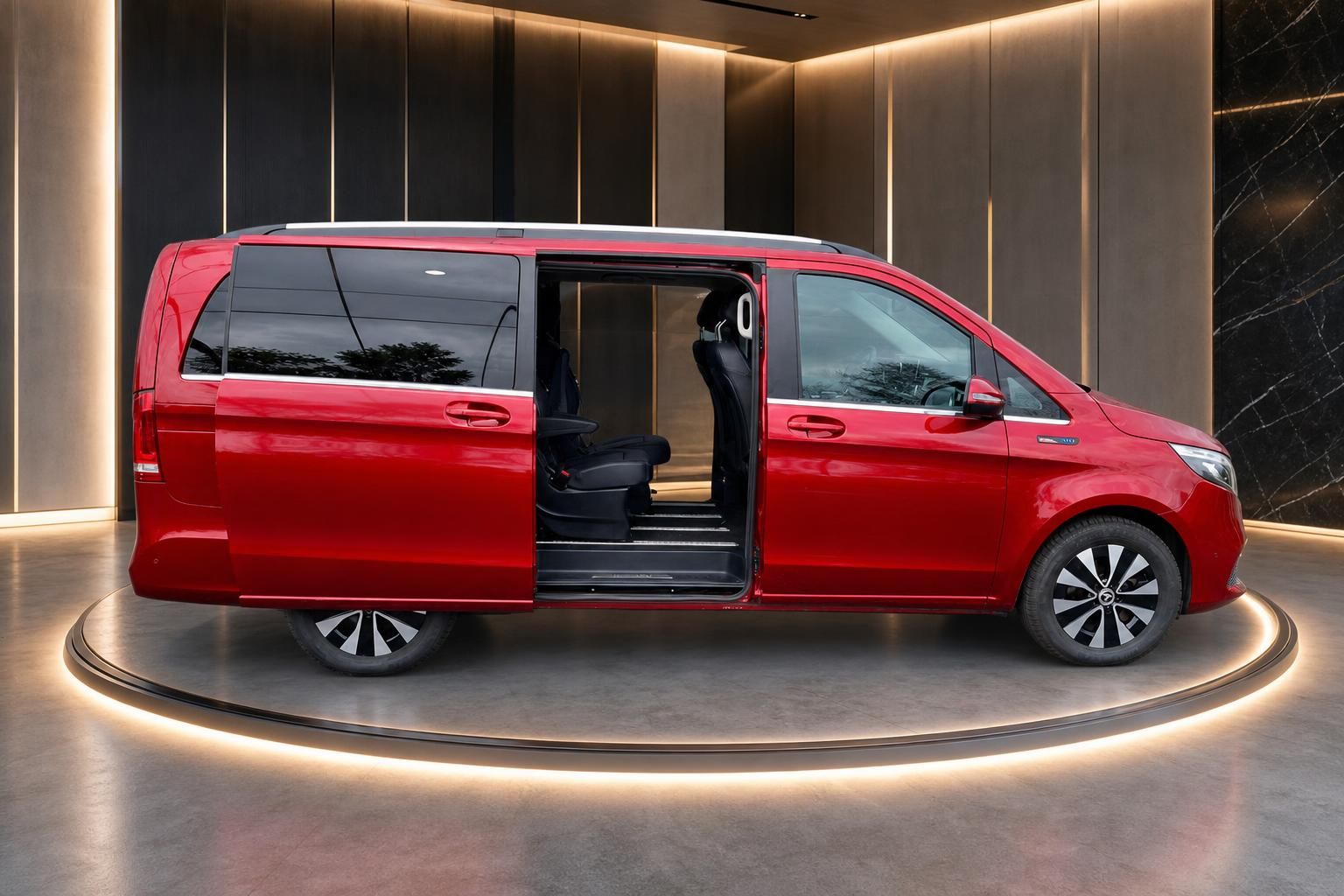 Mercedes-Benz V-Klasse rot, Seitenansicht mit offener Tür und Innenraum