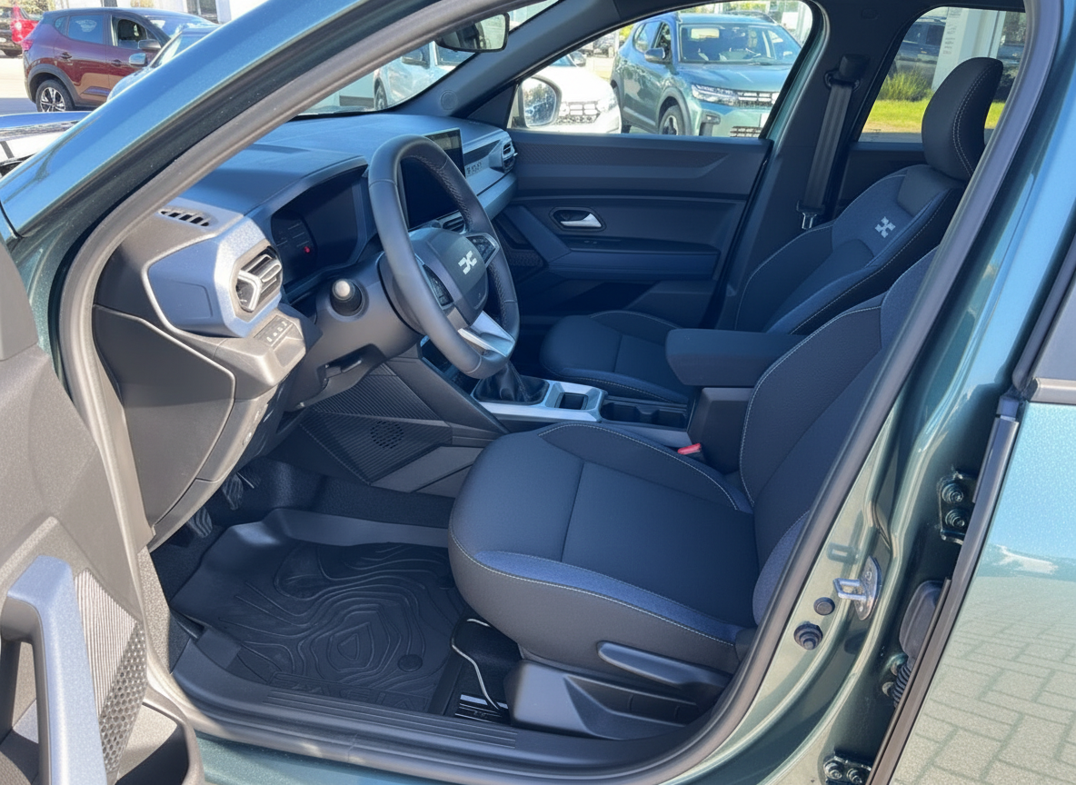 Dacia Duster Innenraum Fahrerseite mit schwarzen Stoffsitzen und modernem Cockpit