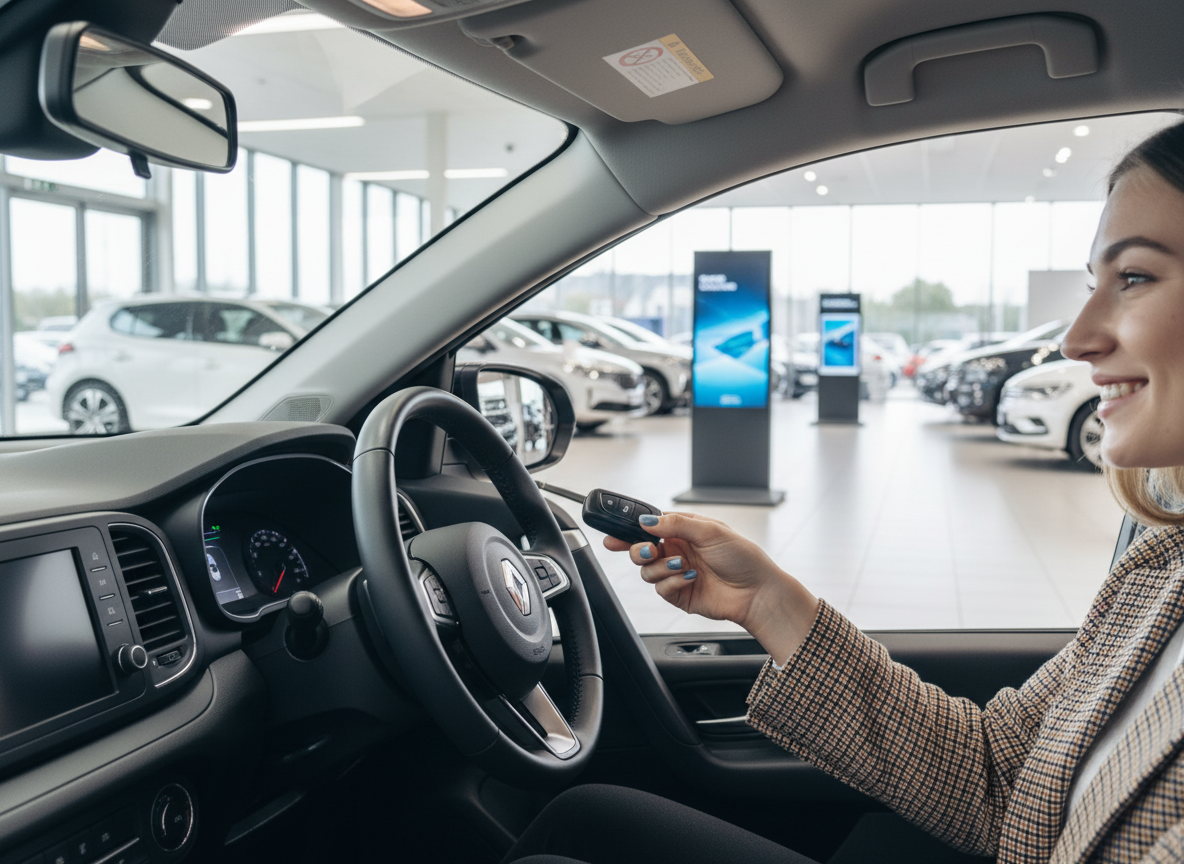 Frau sitzt im Renault Fahrzeug bei Händler und hält Autoschlüssel in der Hand