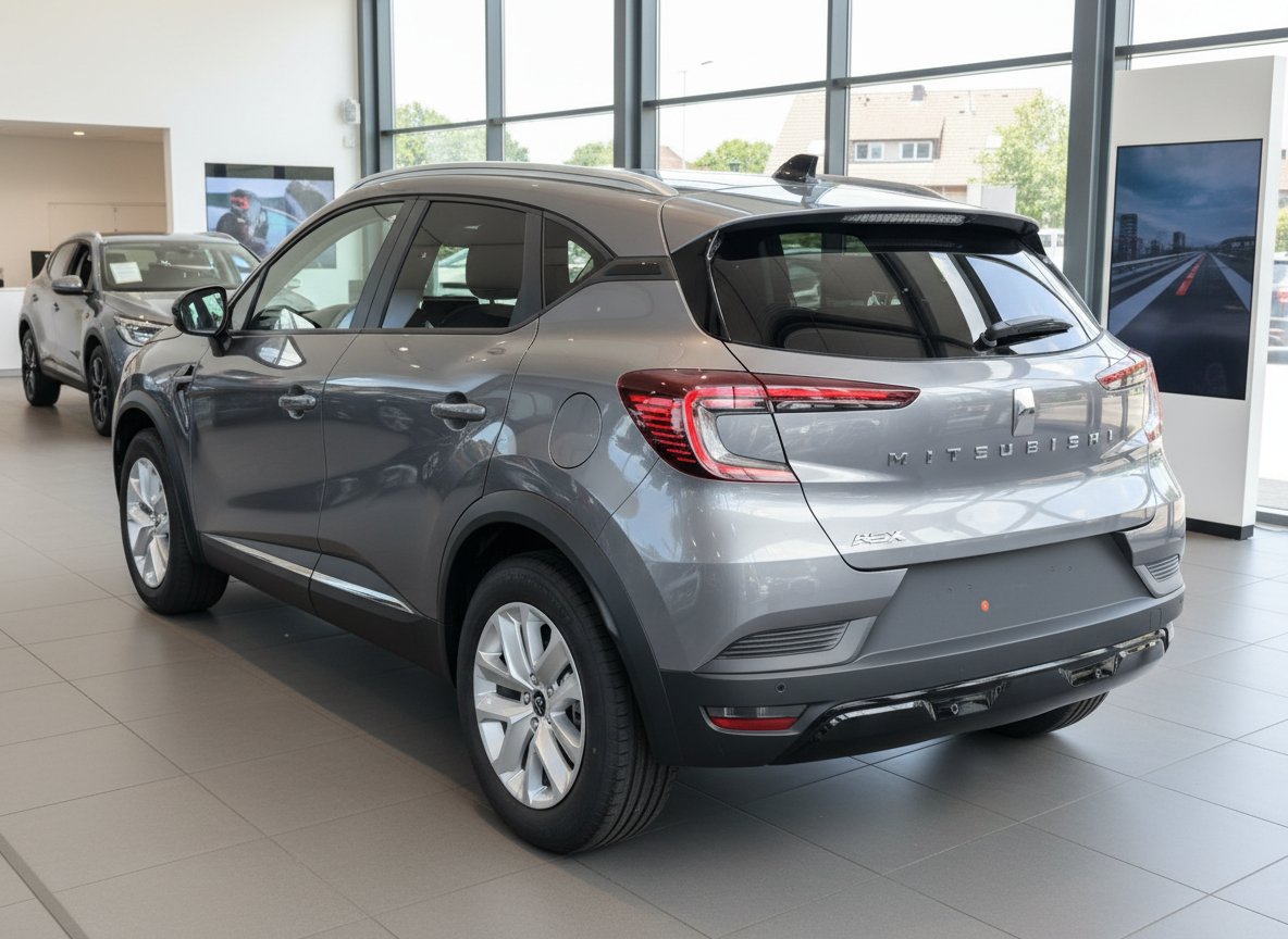 Mitsubishi ASX Kompakt-SUV grau metallic Heckansicht im Autohaus Showroom