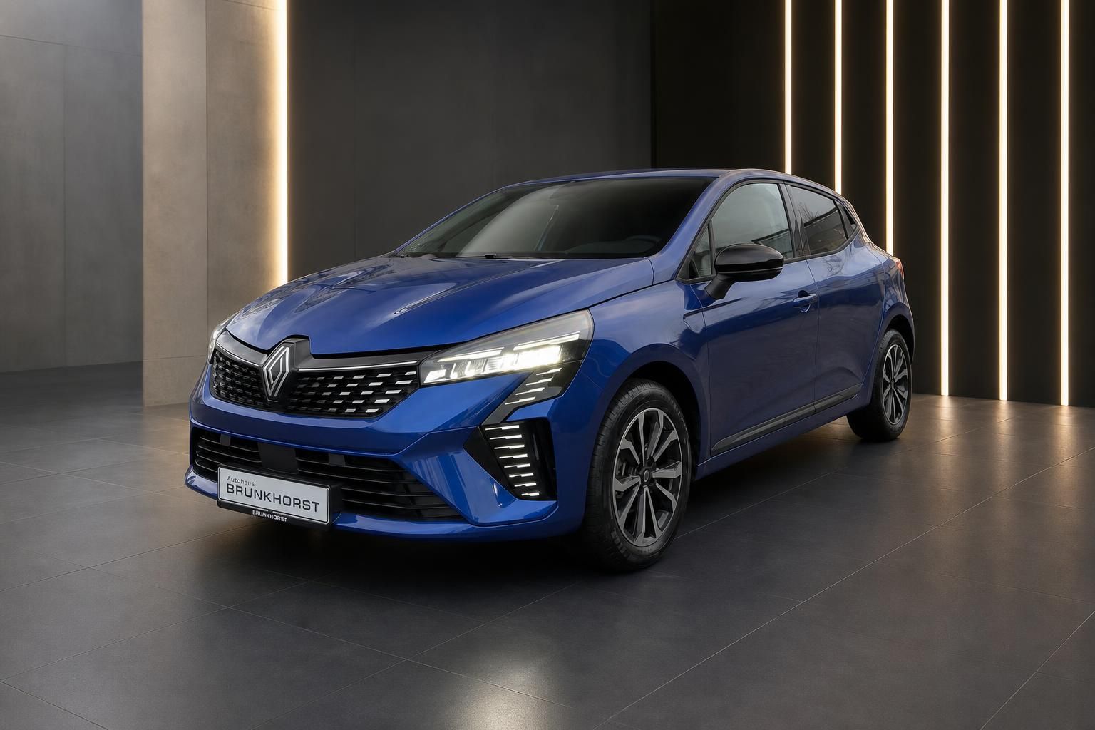 Renault Clio blauer Kompaktwagen - Frontansicht mit LED-Scheinwerfern und modernem Design