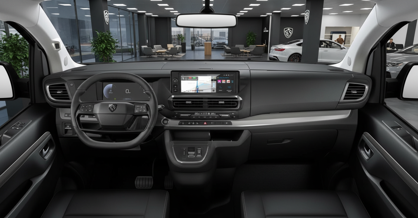 Peugeot Innenraum mit modernem Cockpit, digitalem Infotainment-Touchscreen, Lenkrad mit Markenlogo und schwarzer Lederausstattung im Autohaus-Showroom