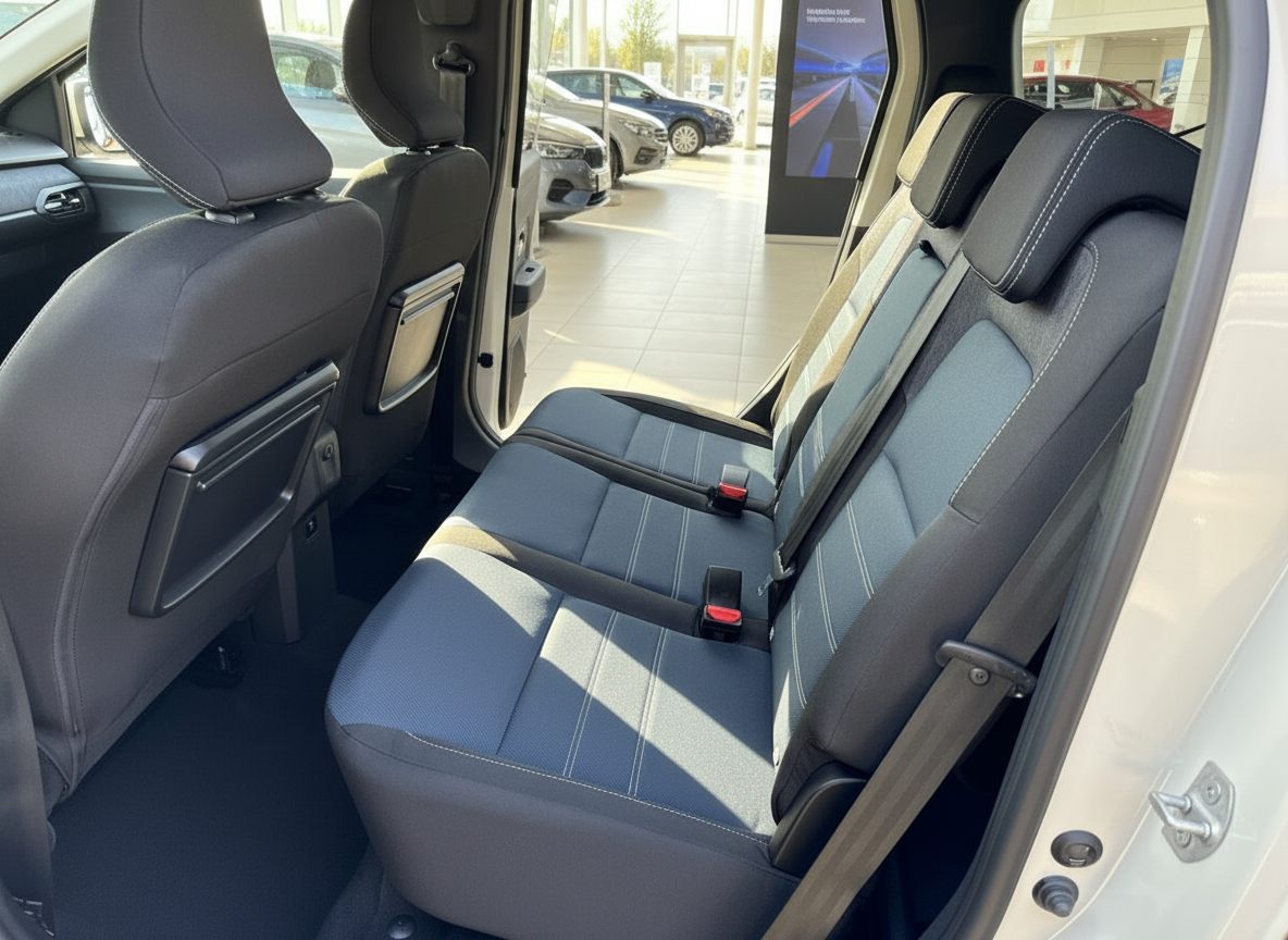 Fahrzeuginnenraum mit blauen Stoff-Rücksitzen und Sicherheitsgurten im Autohaus