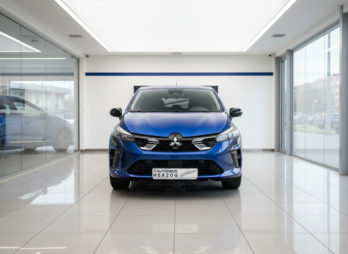 Blauer Mitsubishi Colt Frontansicht im Autohaus Herzog Showroom