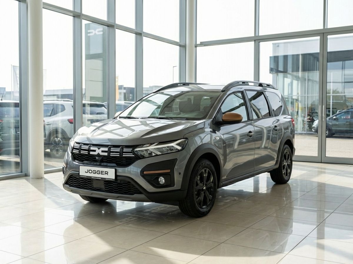 Dacia Jogger in Grau im Autohaus-Showroom mit schwarzen Felgen und Dachreling