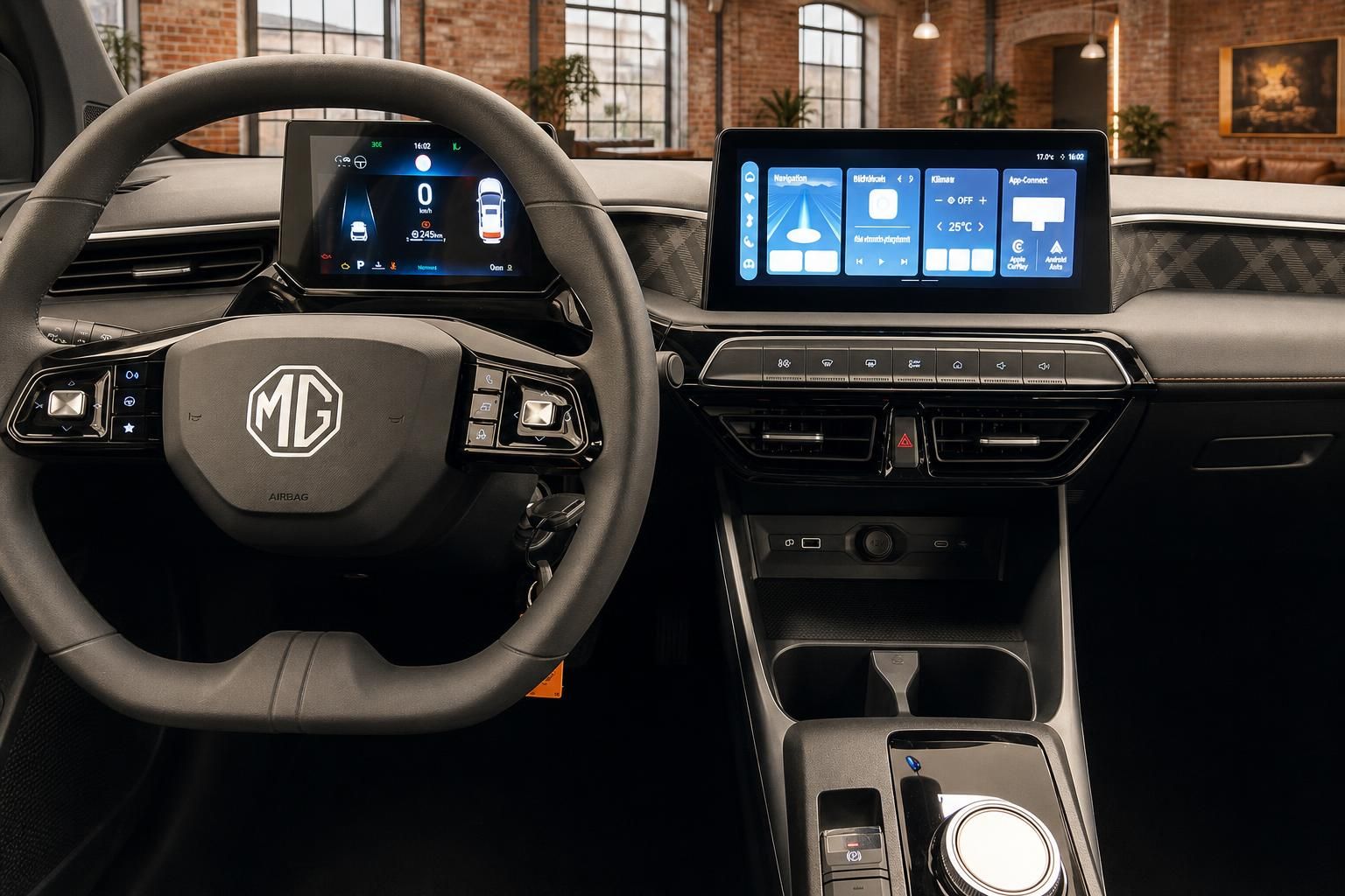 MG Innenraum mit Lenkrad, Displays und Mittelkonsole im Ueberblick