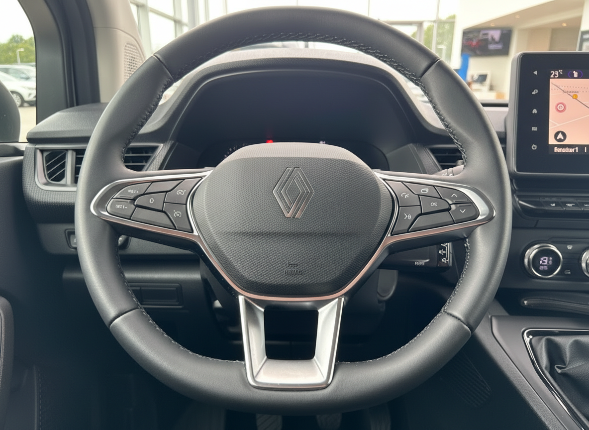 Renault Innenraum Lenkrad mit Renault-Logo und Touchscreen-Navigationssystem