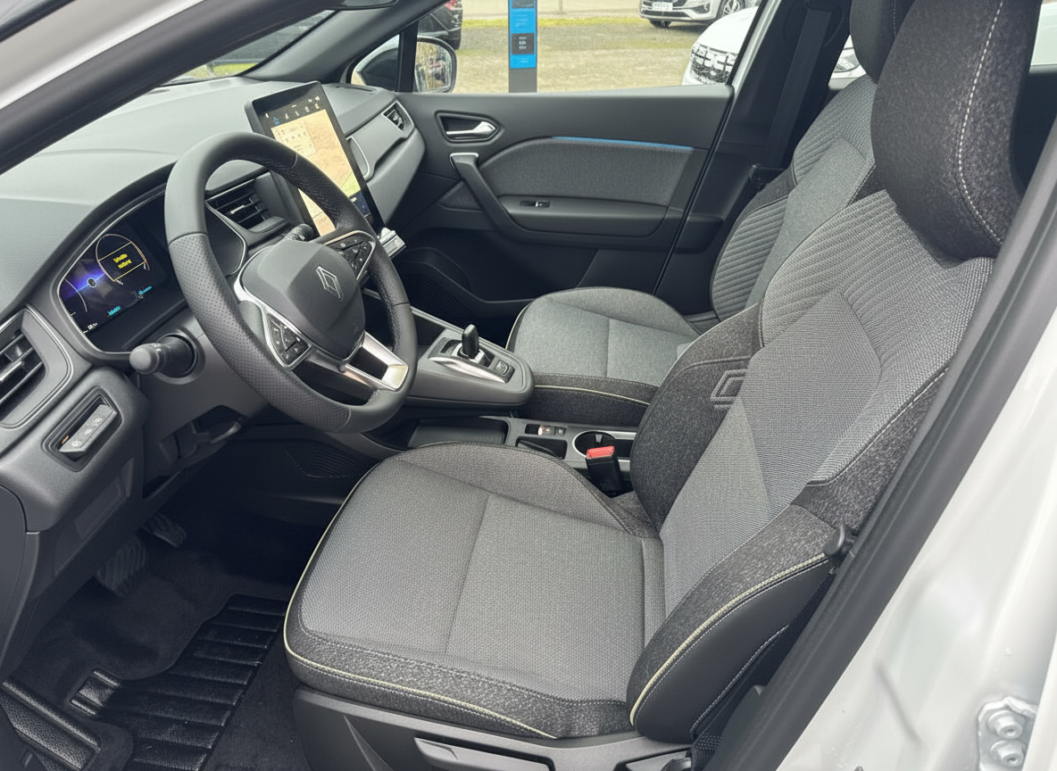 Renault Innenraum mit grauem Stoffsitz, digitalem Cockpit und Infotainment-Touchscreen