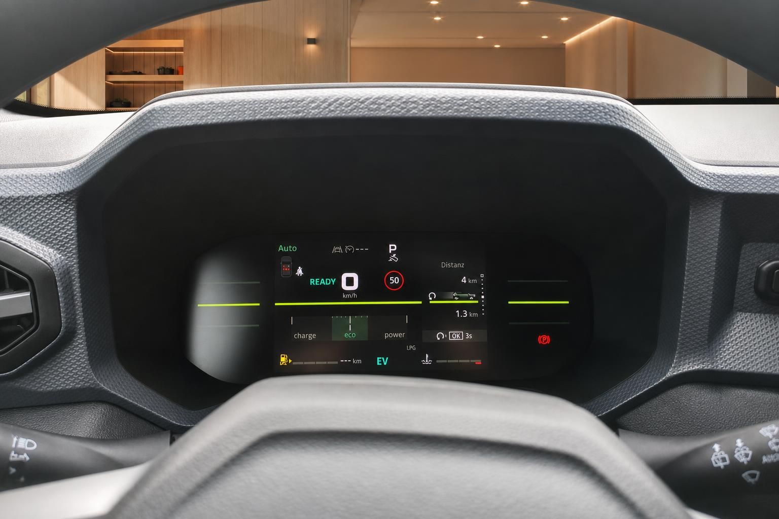 Digitales Armaturenbrett mit Geschwindigkeitsanzeige und Elektrofahrzeug Batteriestand Display