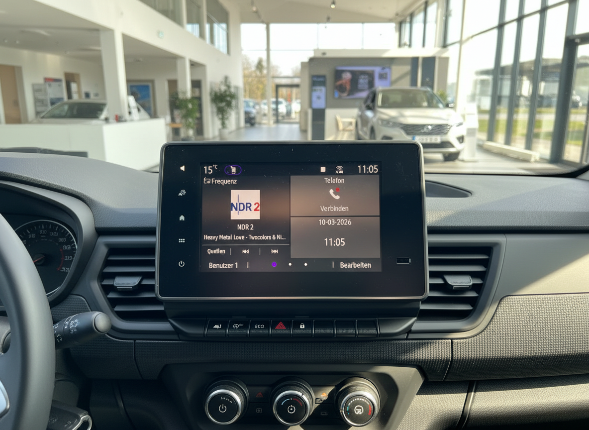 Dacia Innenraum Infotainment-Display mit NDR 2 Radio und Telefon-Widget im Autohaus