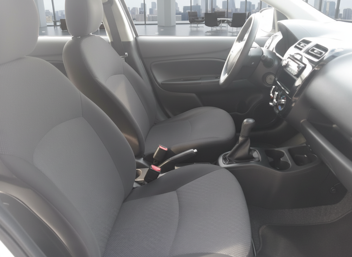 Fahrzeuginnenraum mit grauen Stoffsitzen, Schaltgetriebe und Lenkrad – sauberer Zustand