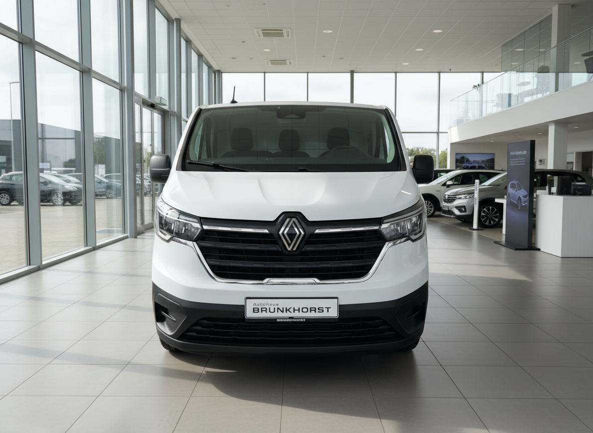 Weißer Renault Trafic Van Frontansicht im Autohaus Brunkhorst Showroom